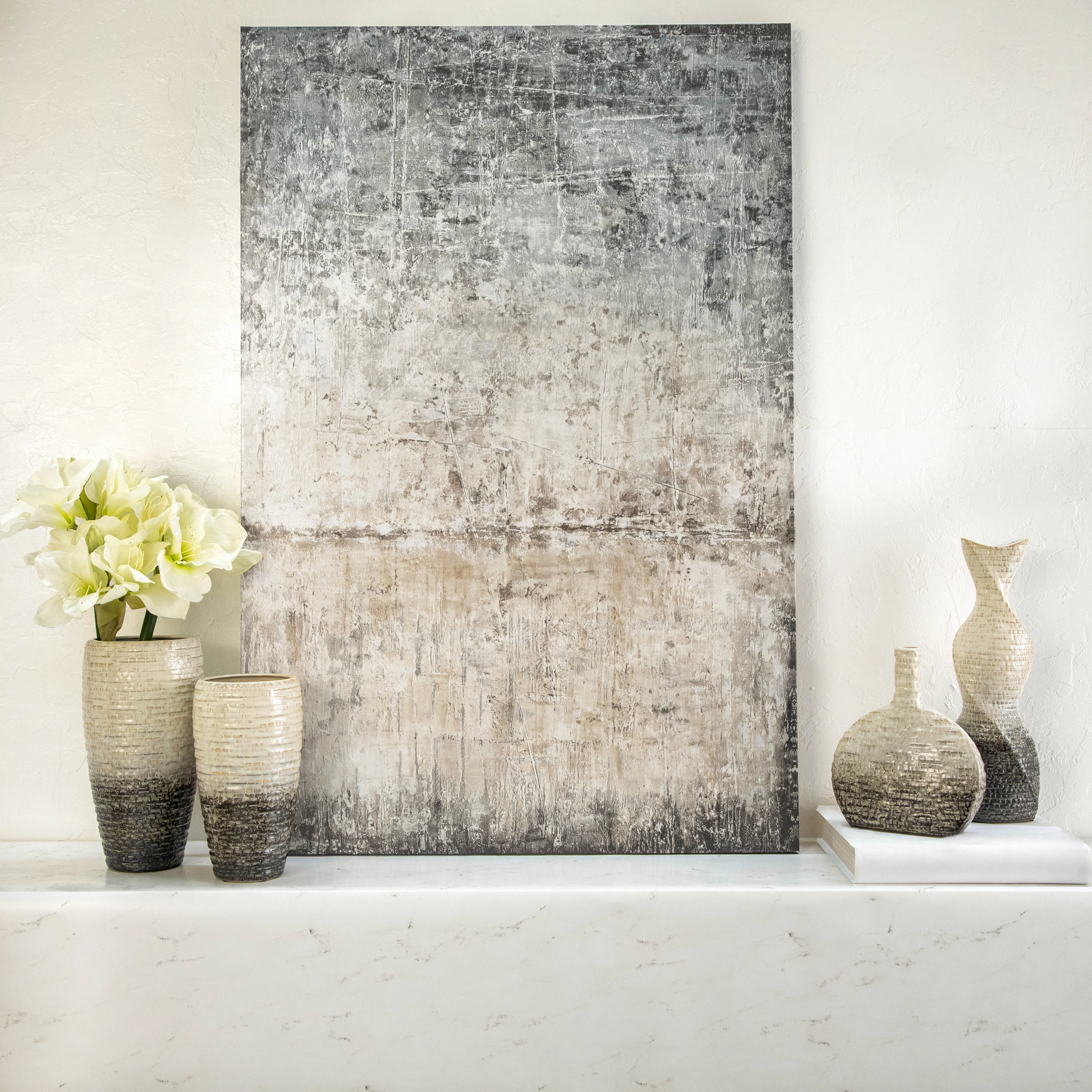 10"H TEXTURED OVAL 2-TONE VASE, BEIGE