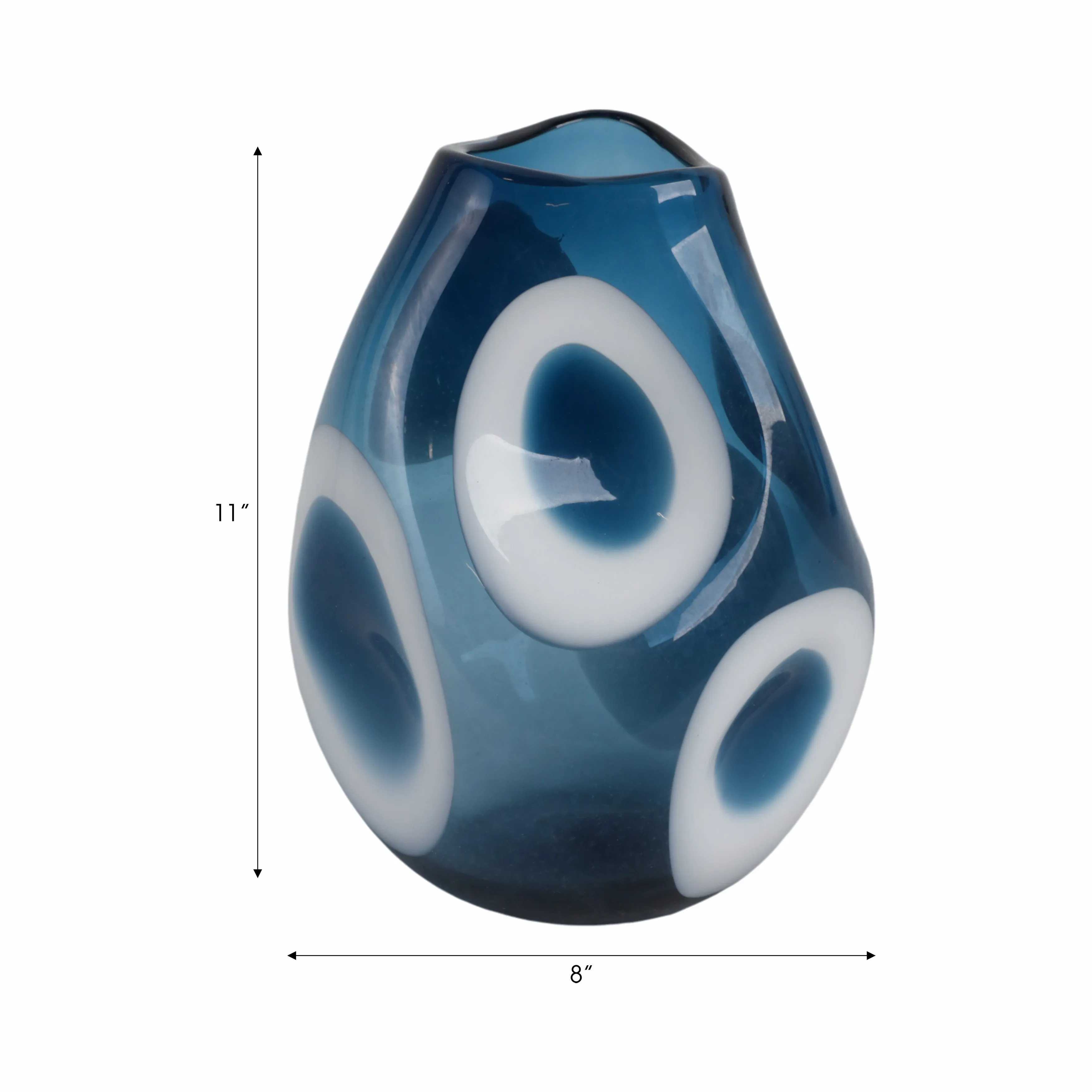 11x8" Curvy Polka Dot Glass Vase, Blue/white