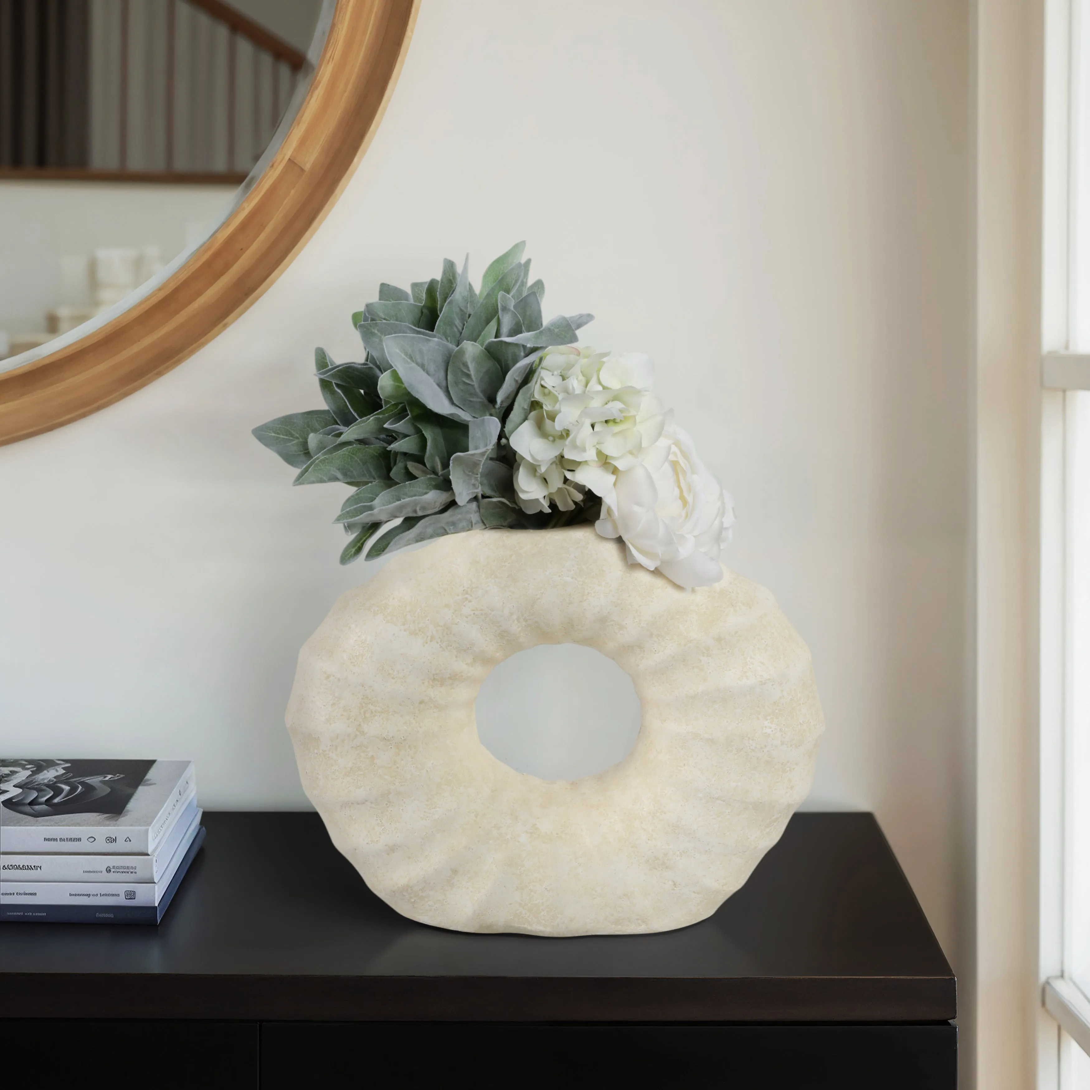 12" Ridged Open Cut-out Terracotta Vase, Ivory