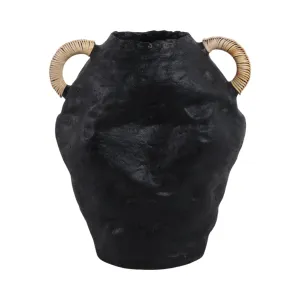 13" Terracotta Jug Vase W/rattan Handles, Blk