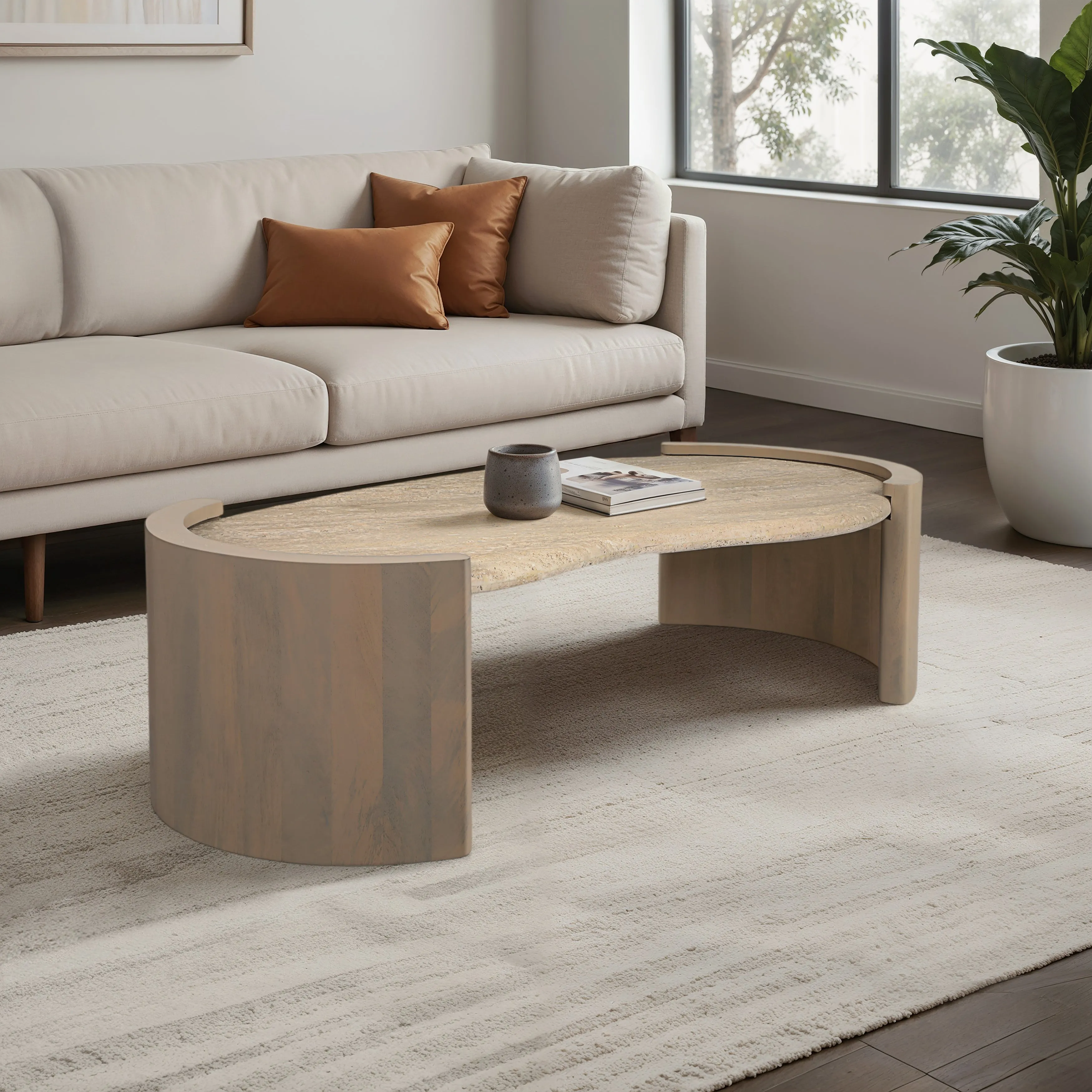 16" Leiona Travertine And Wood Coffee Table