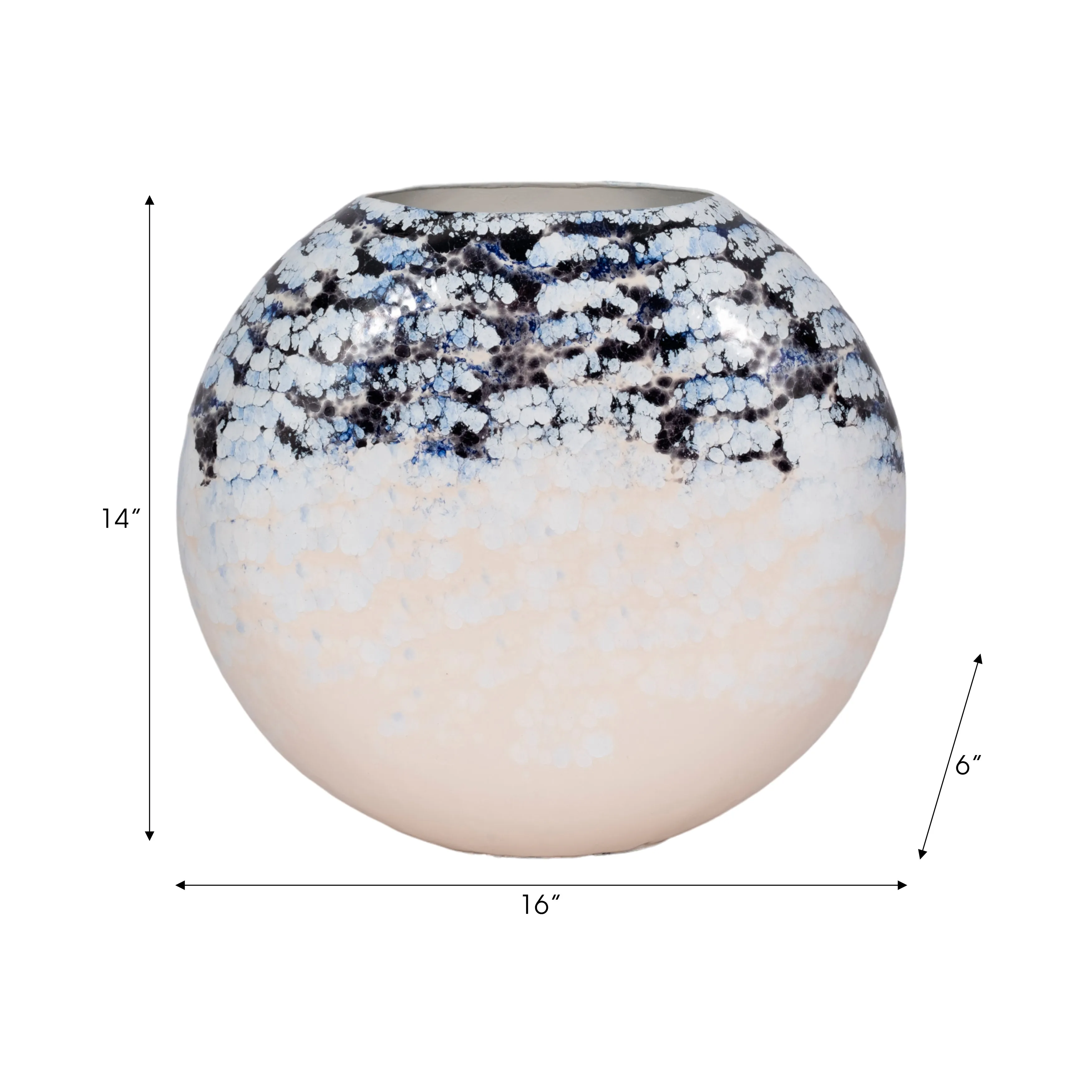 16" Round Metal Vase Arctic Finish, White/blue