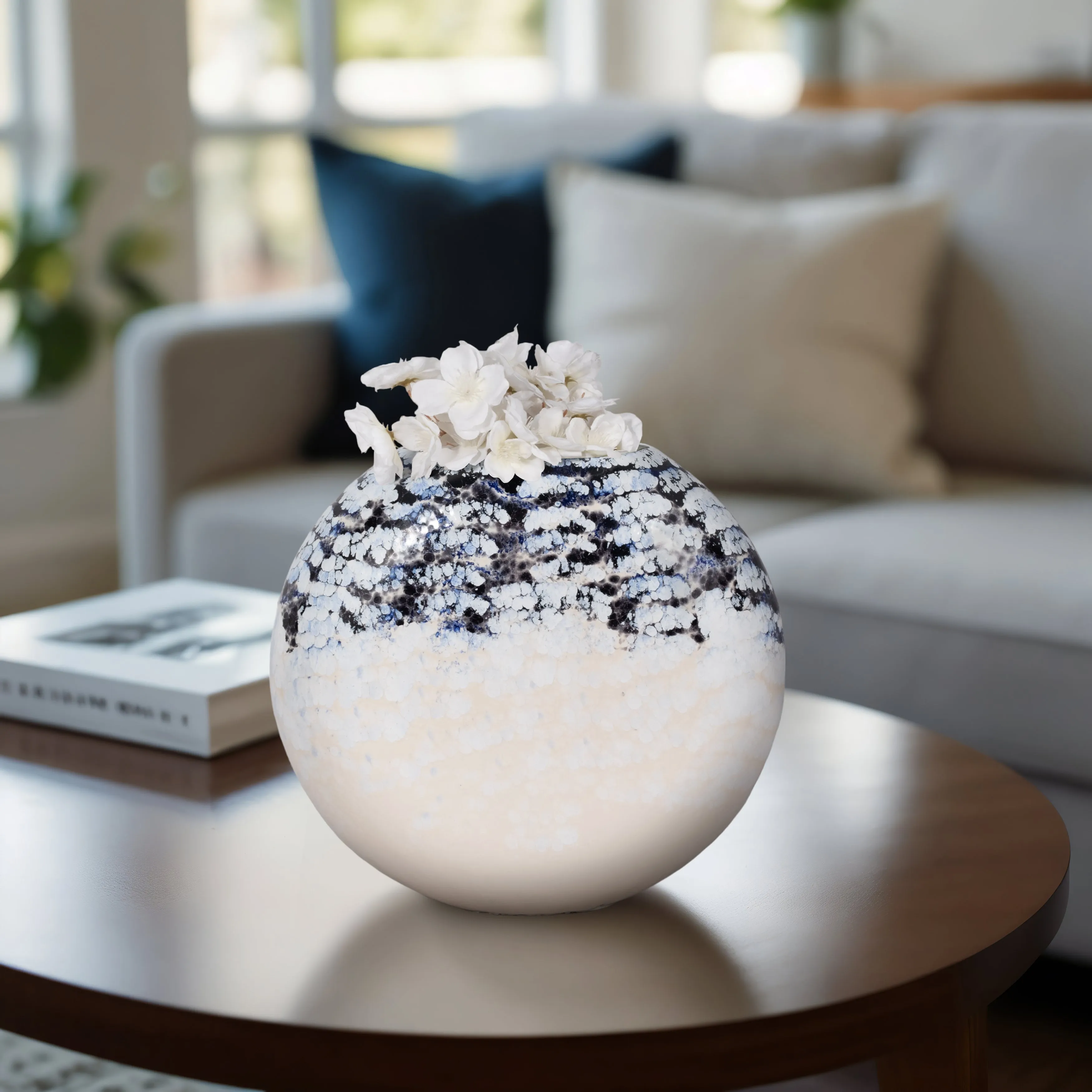 16" Round Metal Vase Arctic Finish, White/blue