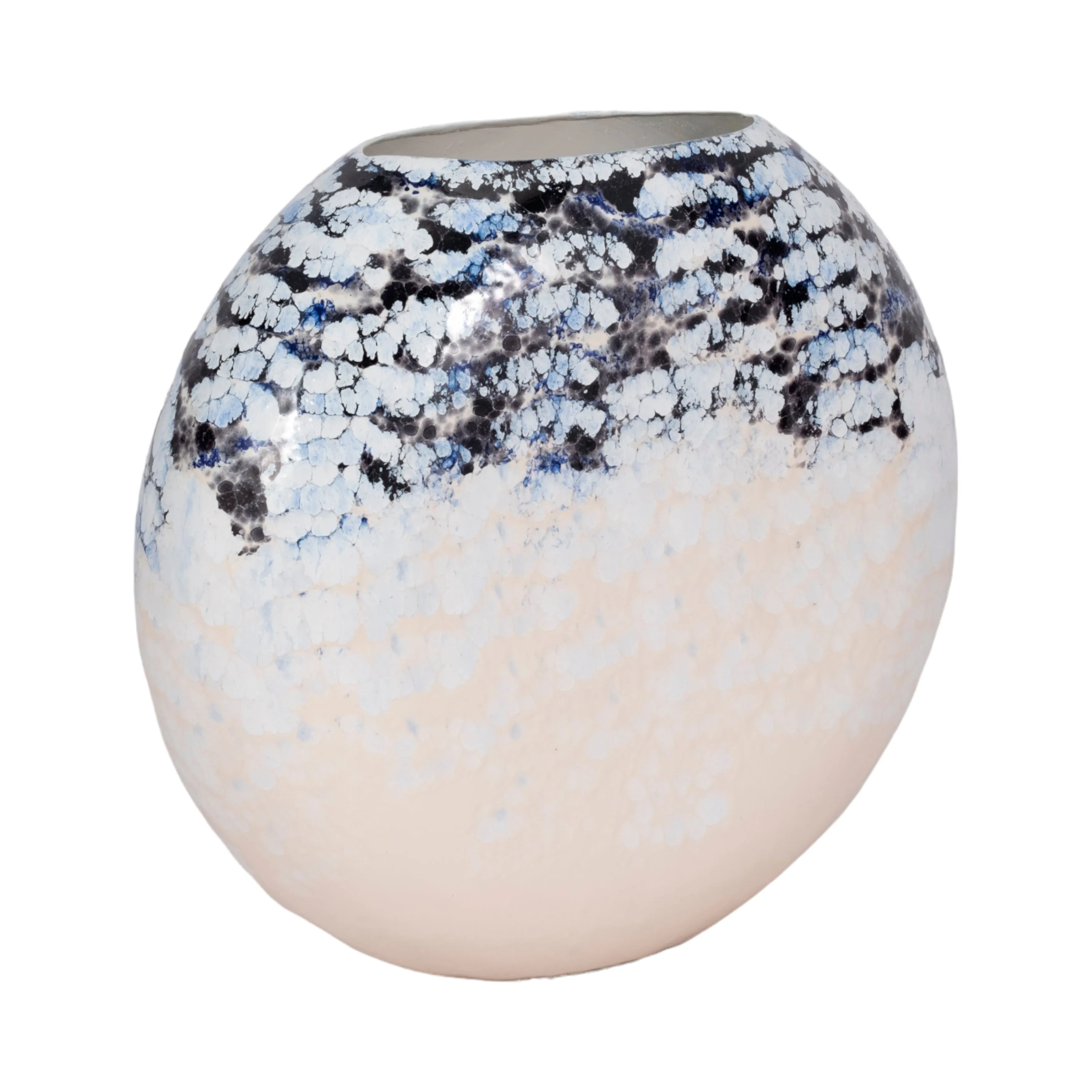 16" Round Metal Vase Arctic Finish, White/blue