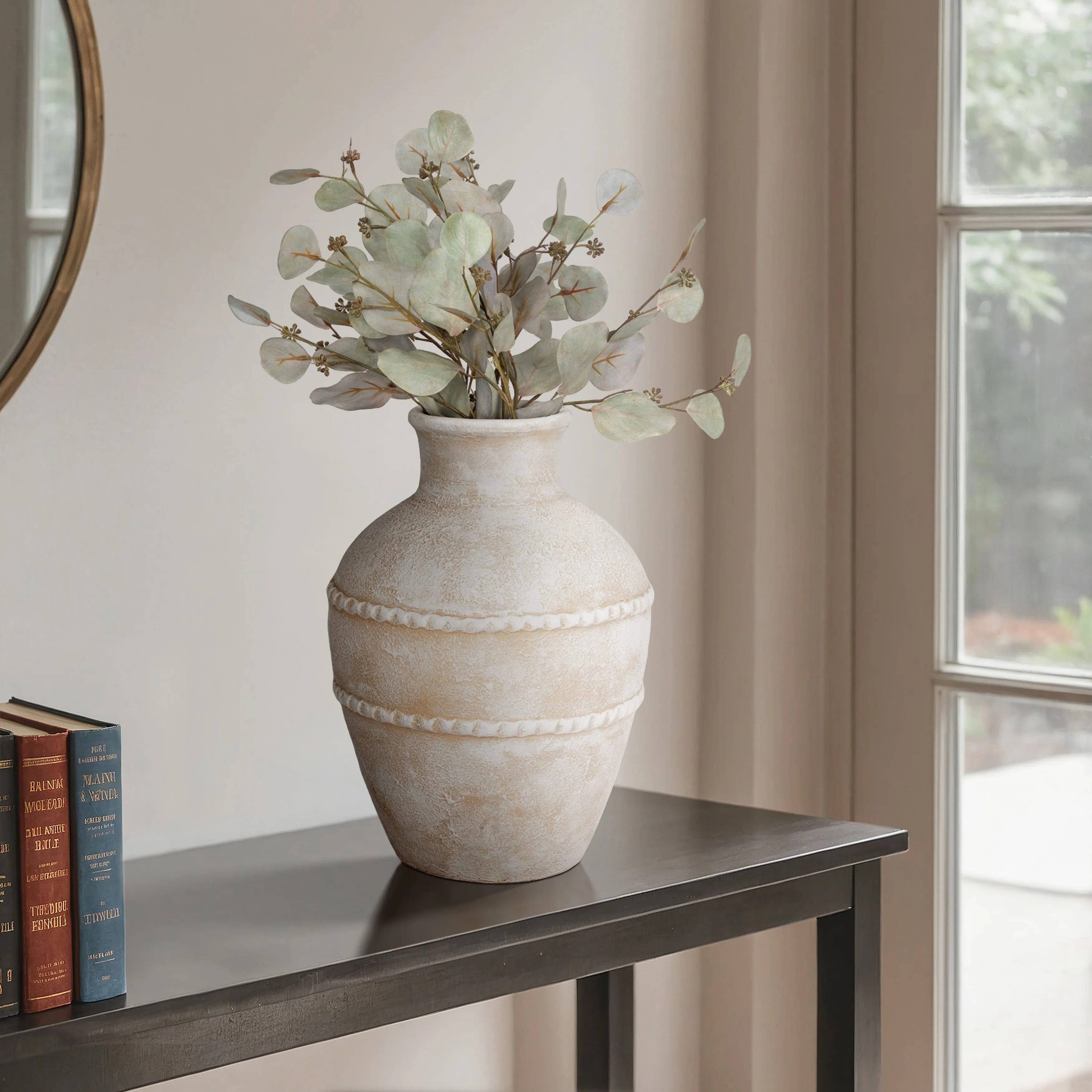 16" Traditional Textured Terracotta Vase, Ivory