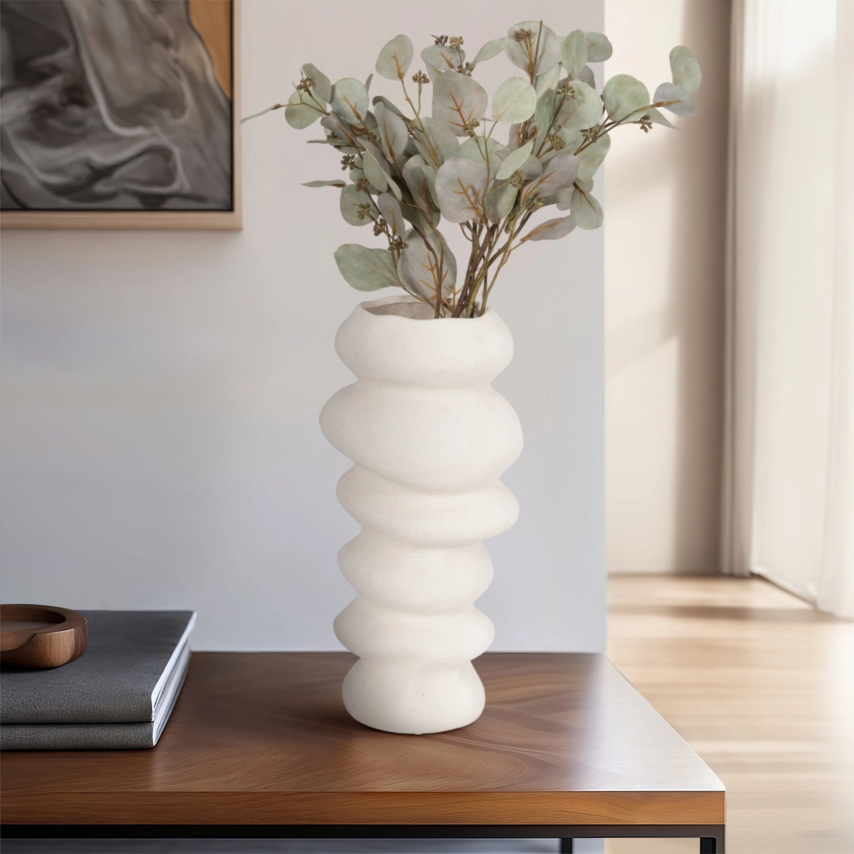 16x8" Hand Scribed Cairn Vase, White