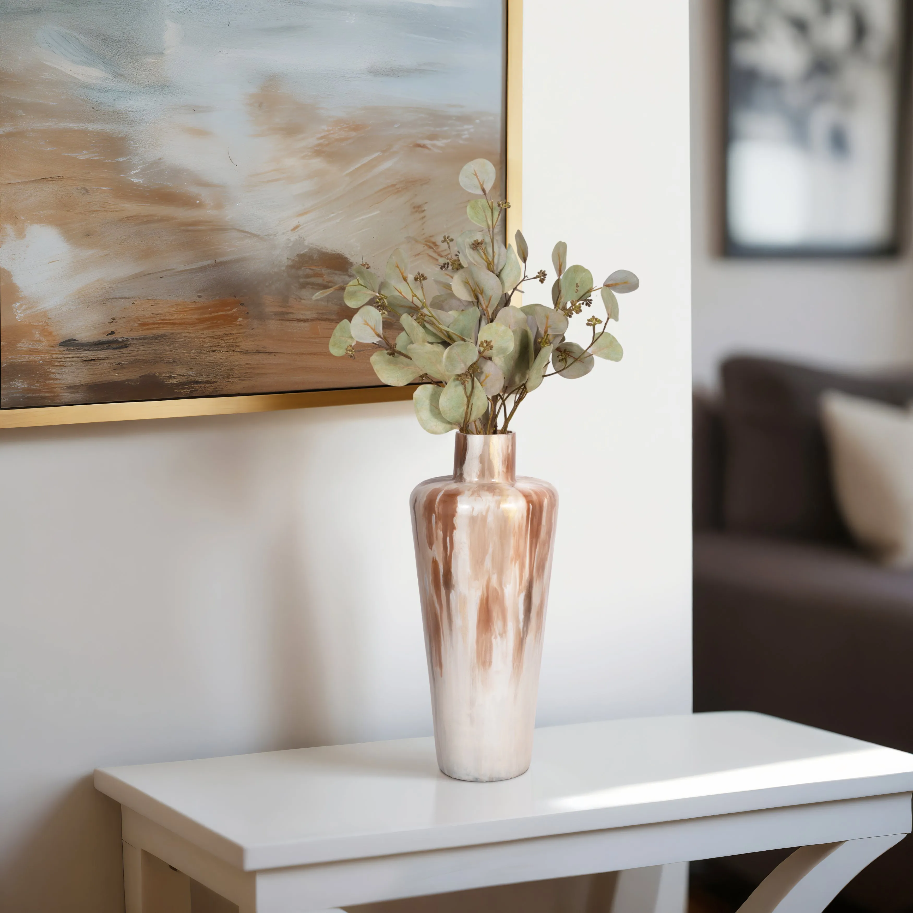 17" Nude Drip Finish Glass Floor Vase, Tan Multi