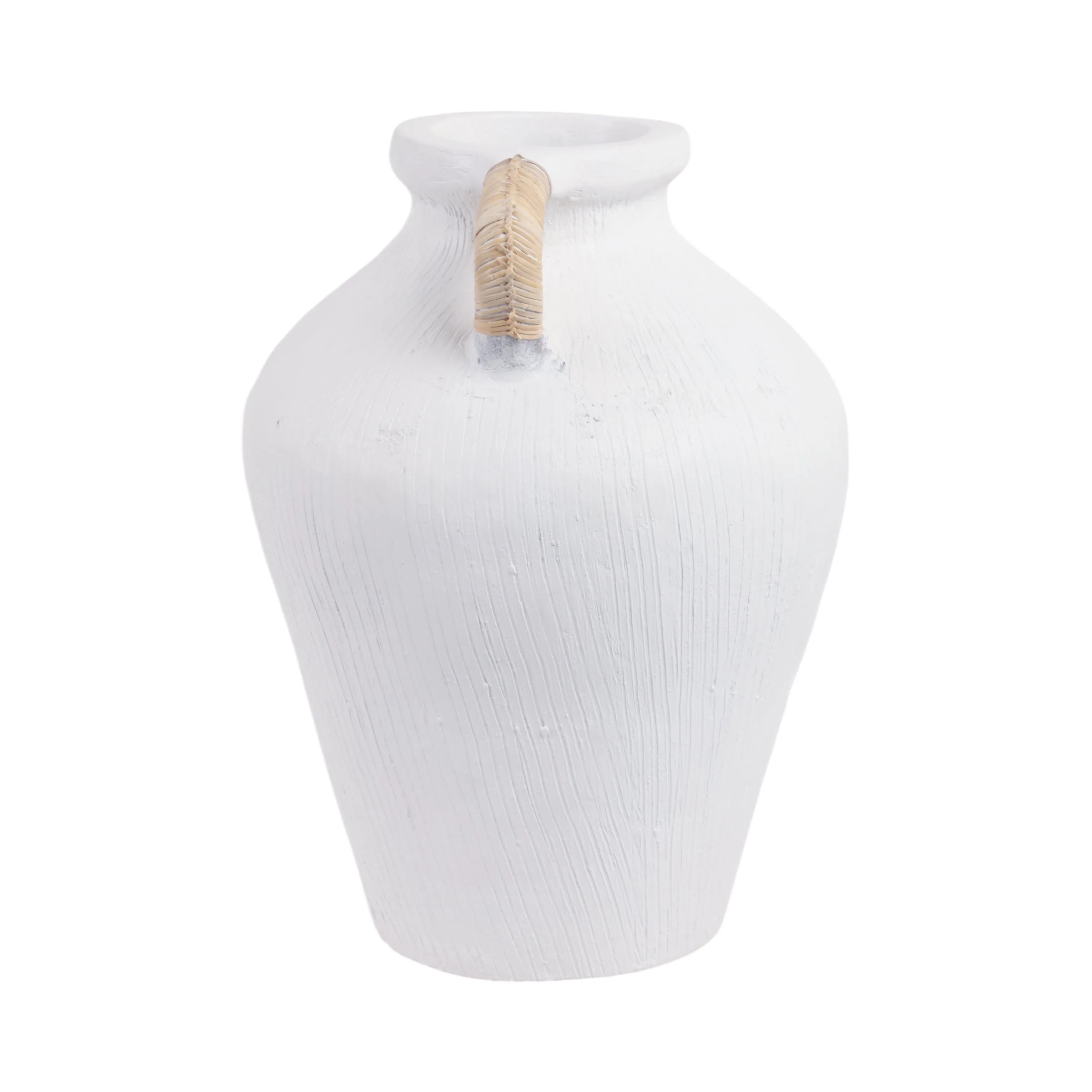 17" Textured Terracota Vase W/rattan Handle, Wht