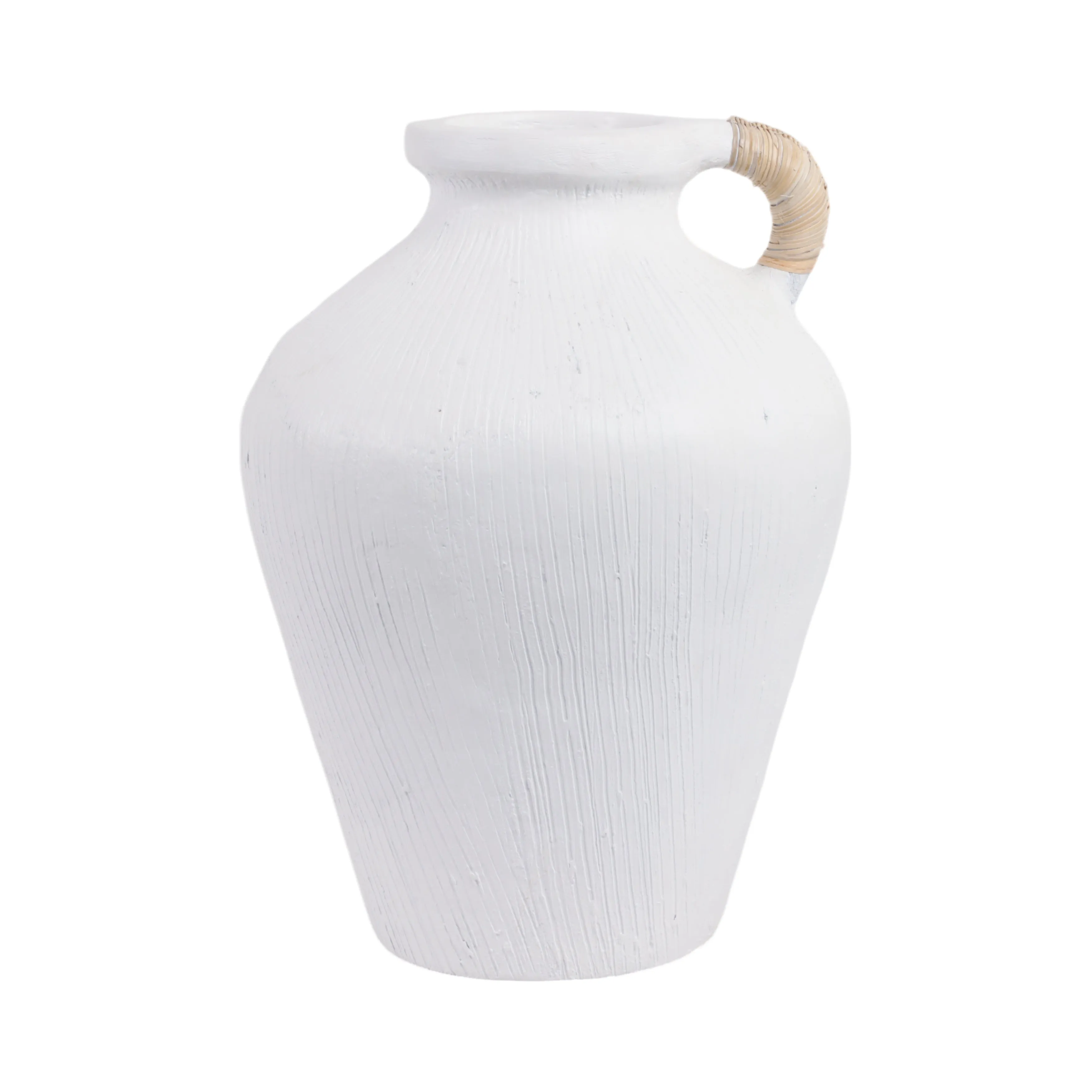 17" Textured Terracota Vase W/rattan Handle, Wht