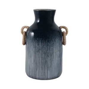 18" Vase With Rattan Handles Reactive Finish, Blue