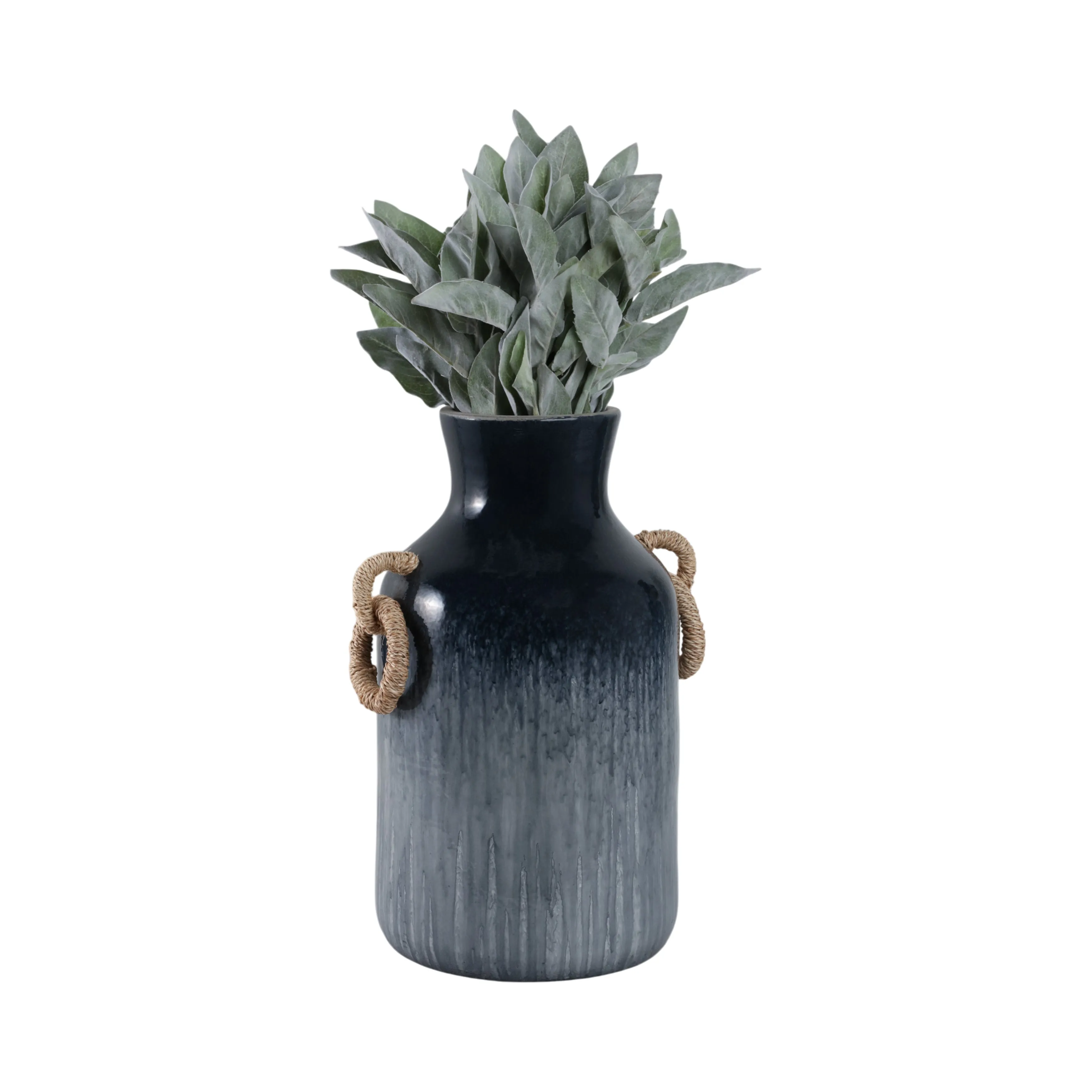 18" Vase With Rattan Handles Reactive Finish, Blue
