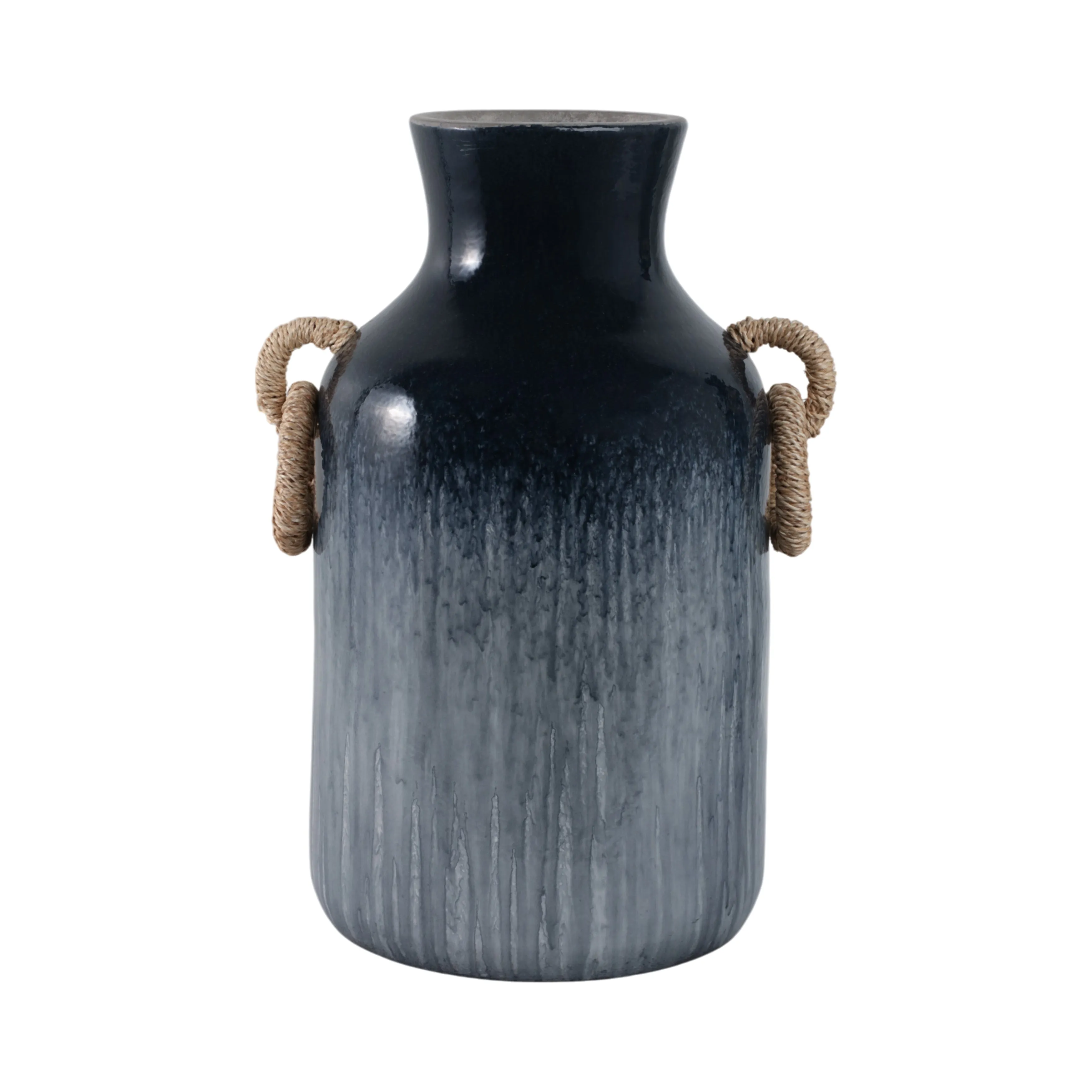 18" Vase With Rattan Handles Reactive Finish, Blue