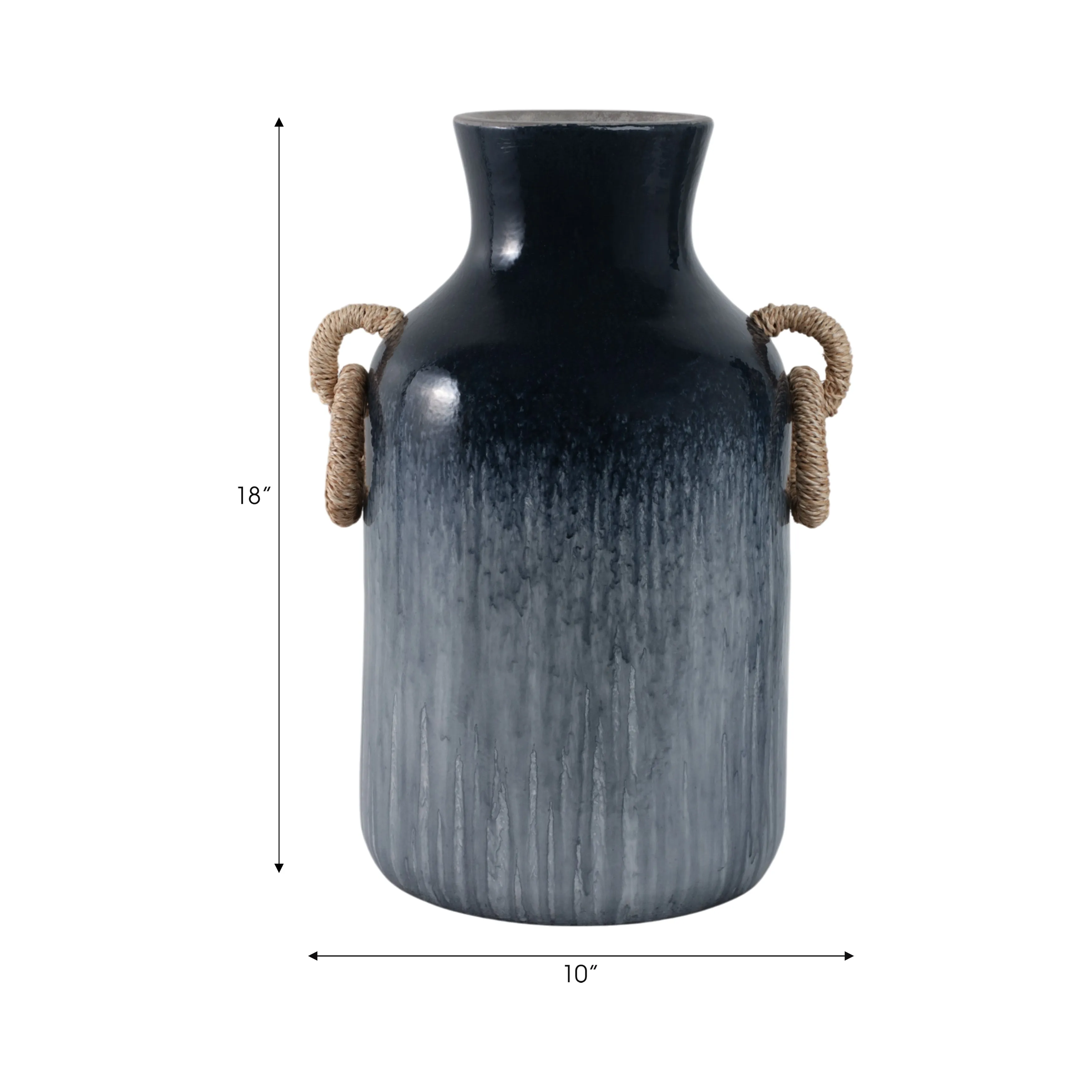18" Vase With Rattan Handles Reactive Finish, Blue