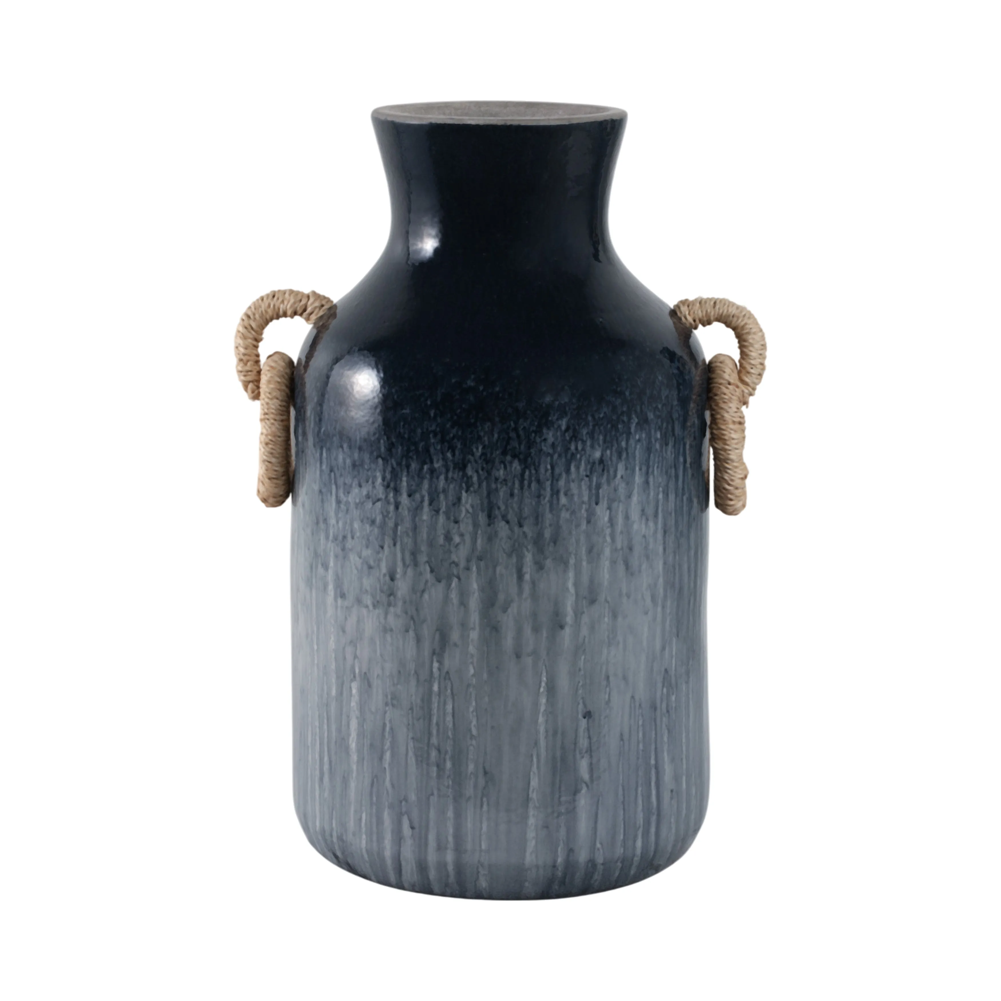 18" Vase With Rattan Handles Reactive Finish, Blue