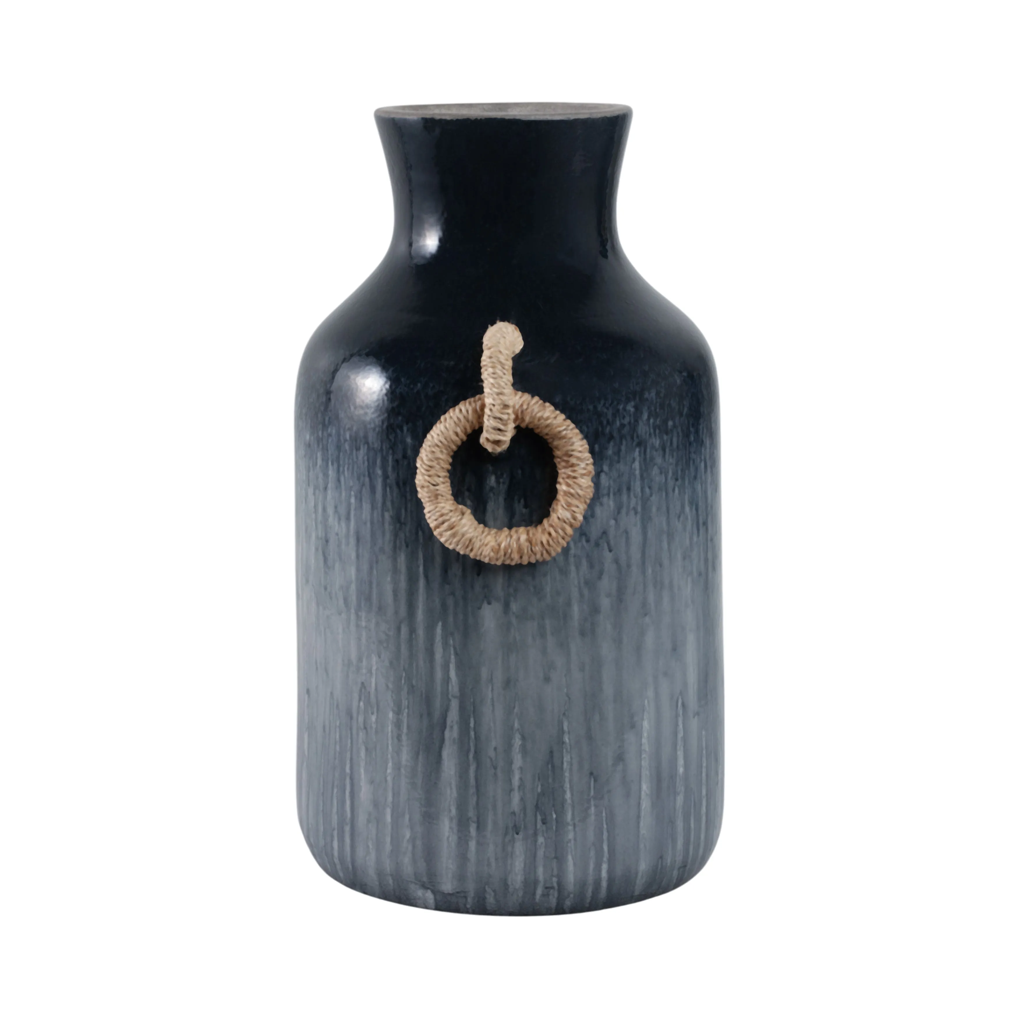 18" Vase With Rattan Handles Reactive Finish, Blue