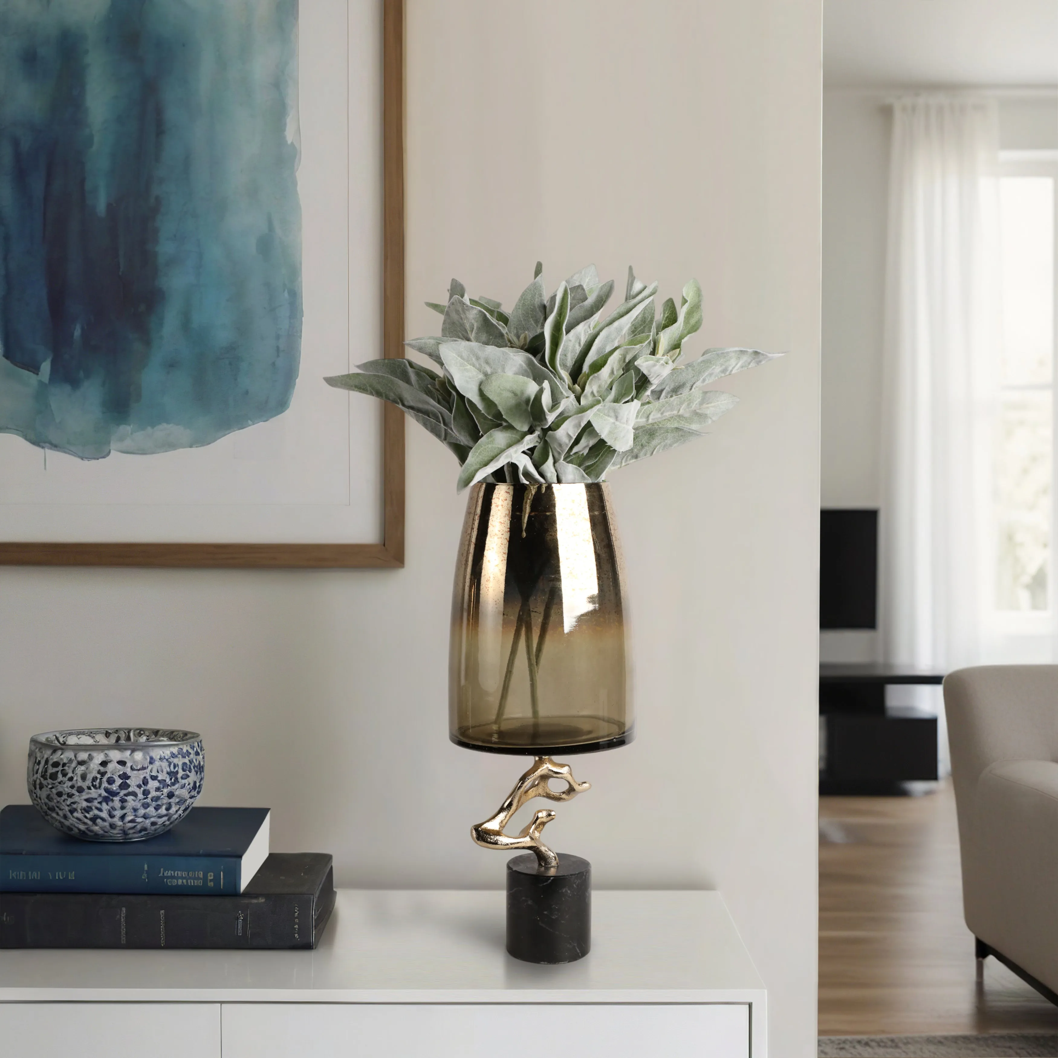 19" Lusaka Lg Hurrican Glass W/stone Base, Gold