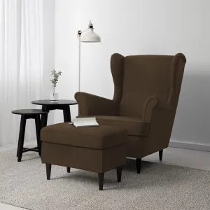 2 Pieces Velvet Chair king with Two Wings And FootStool - Brown - E3