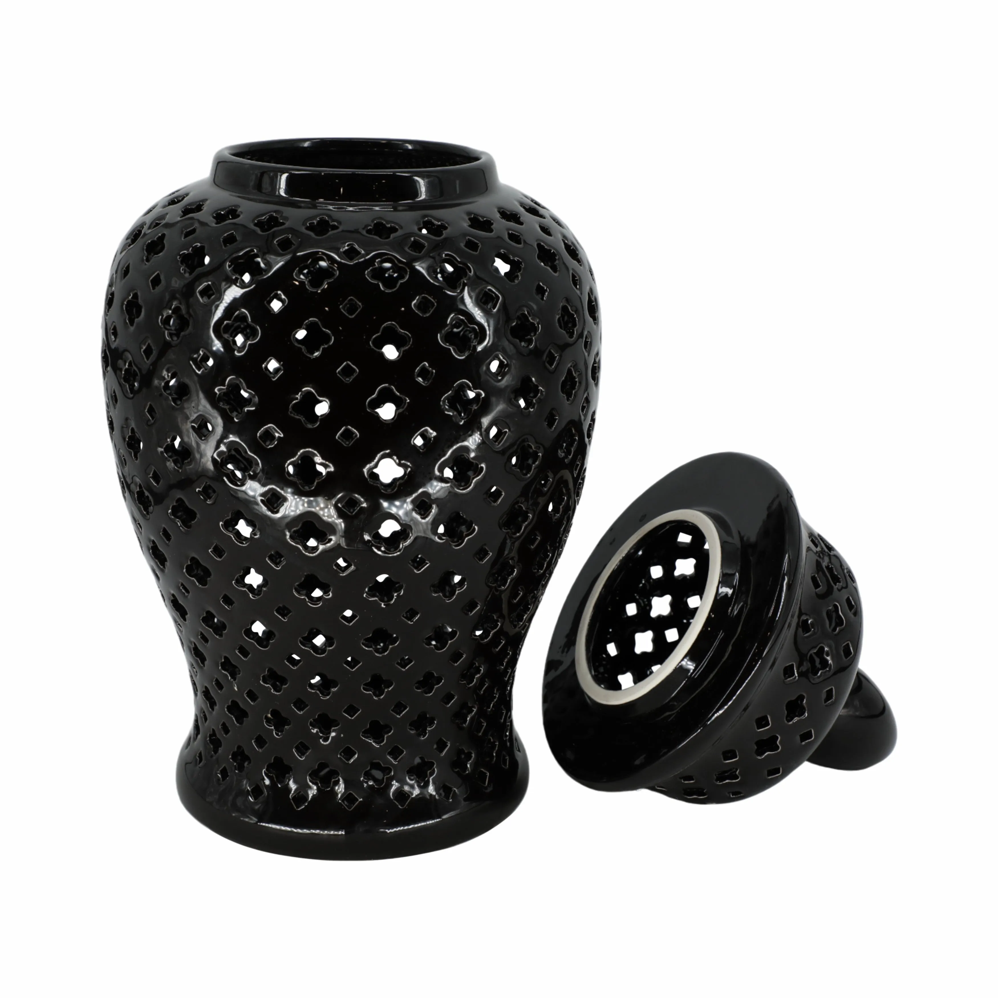 24" CUT-OUT CLOVER TEMPLE JAR, BLACK