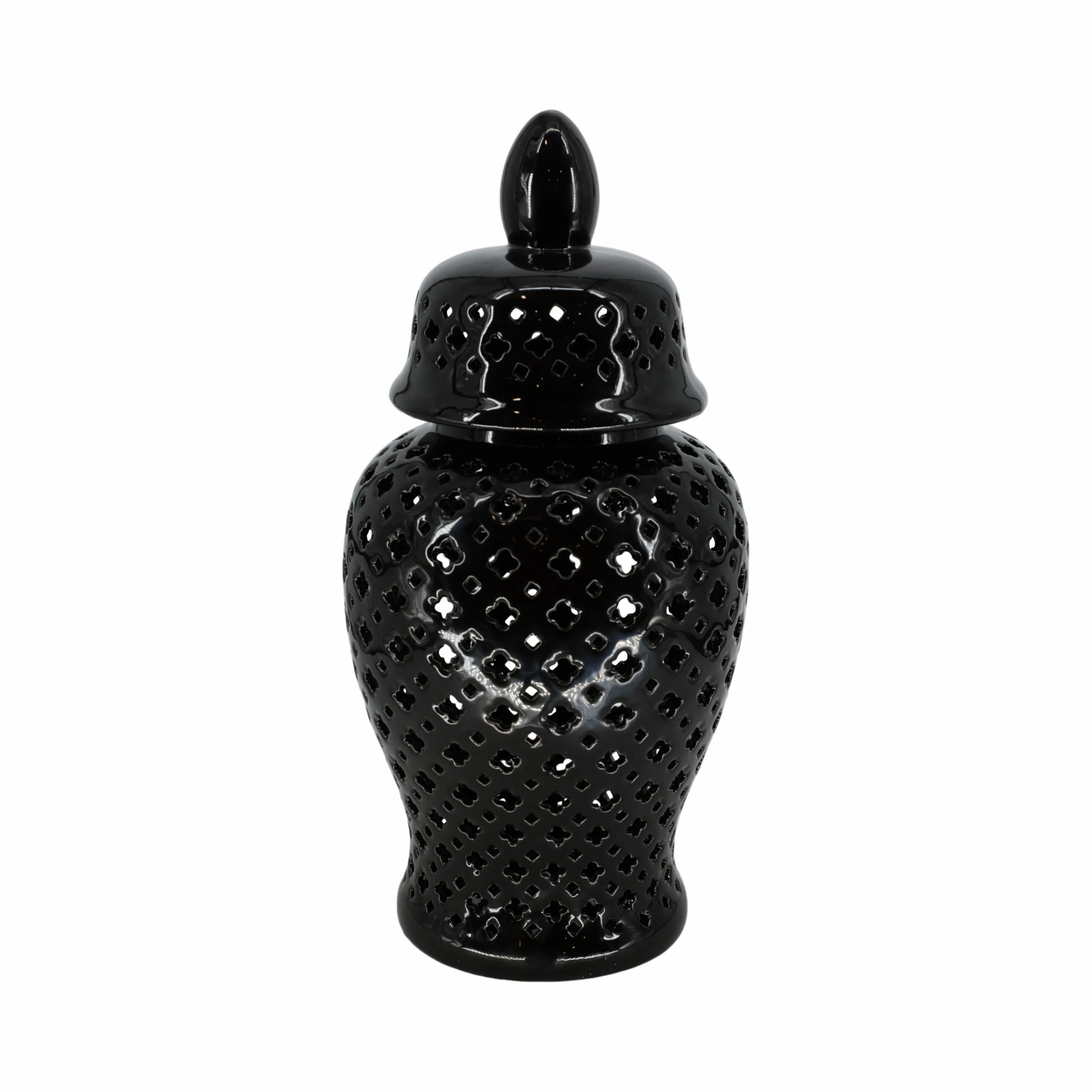 24" CUT-OUT CLOVER TEMPLE JAR, BLACK