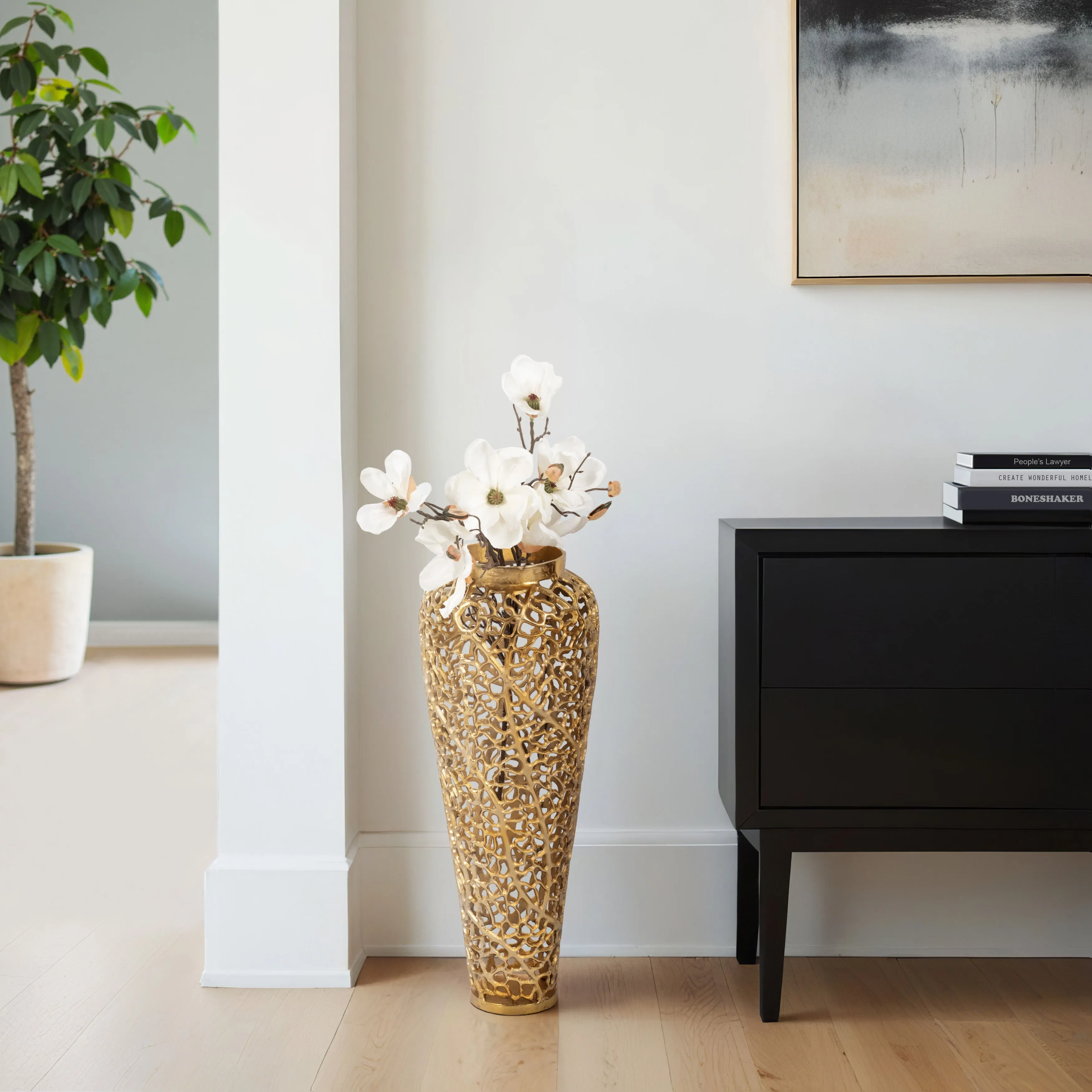 26" Fauna Metal Bouquet Floor Vase, Gold