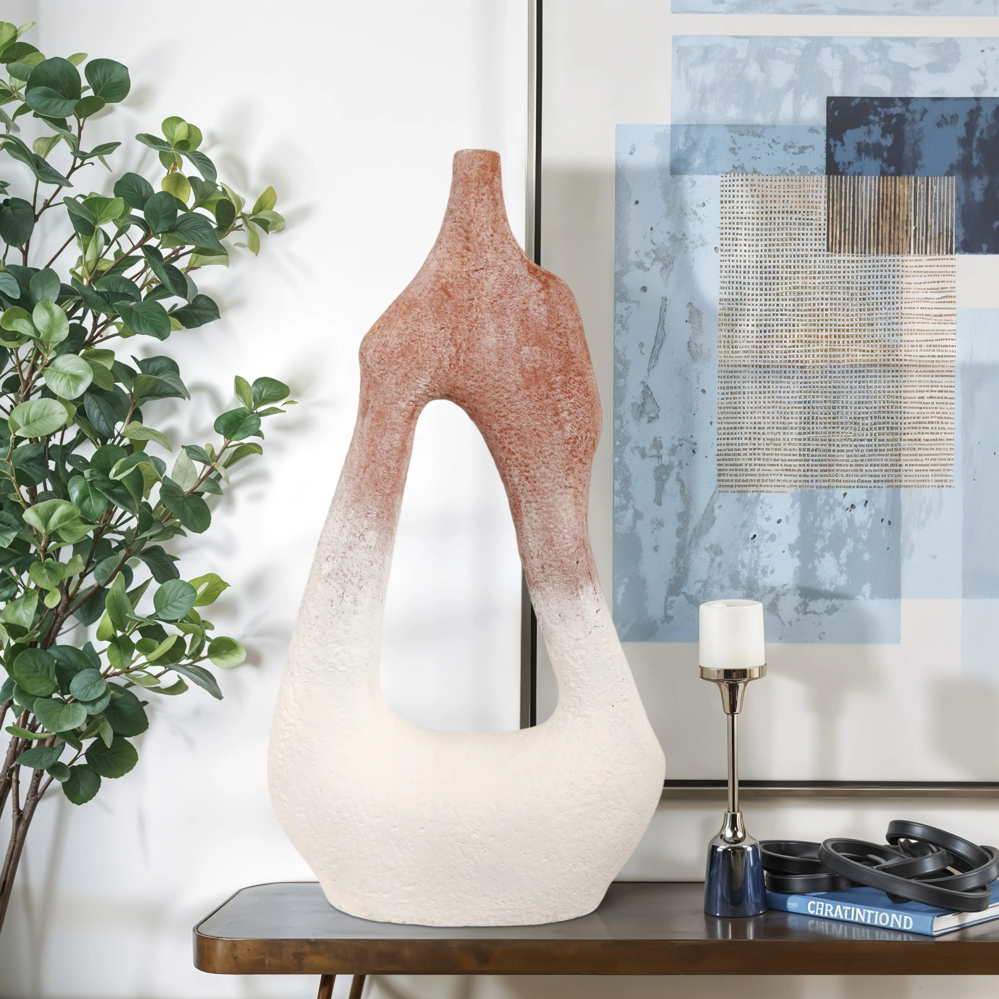 36" Curvy Open Cut-out Terracotta Vase, White Mult