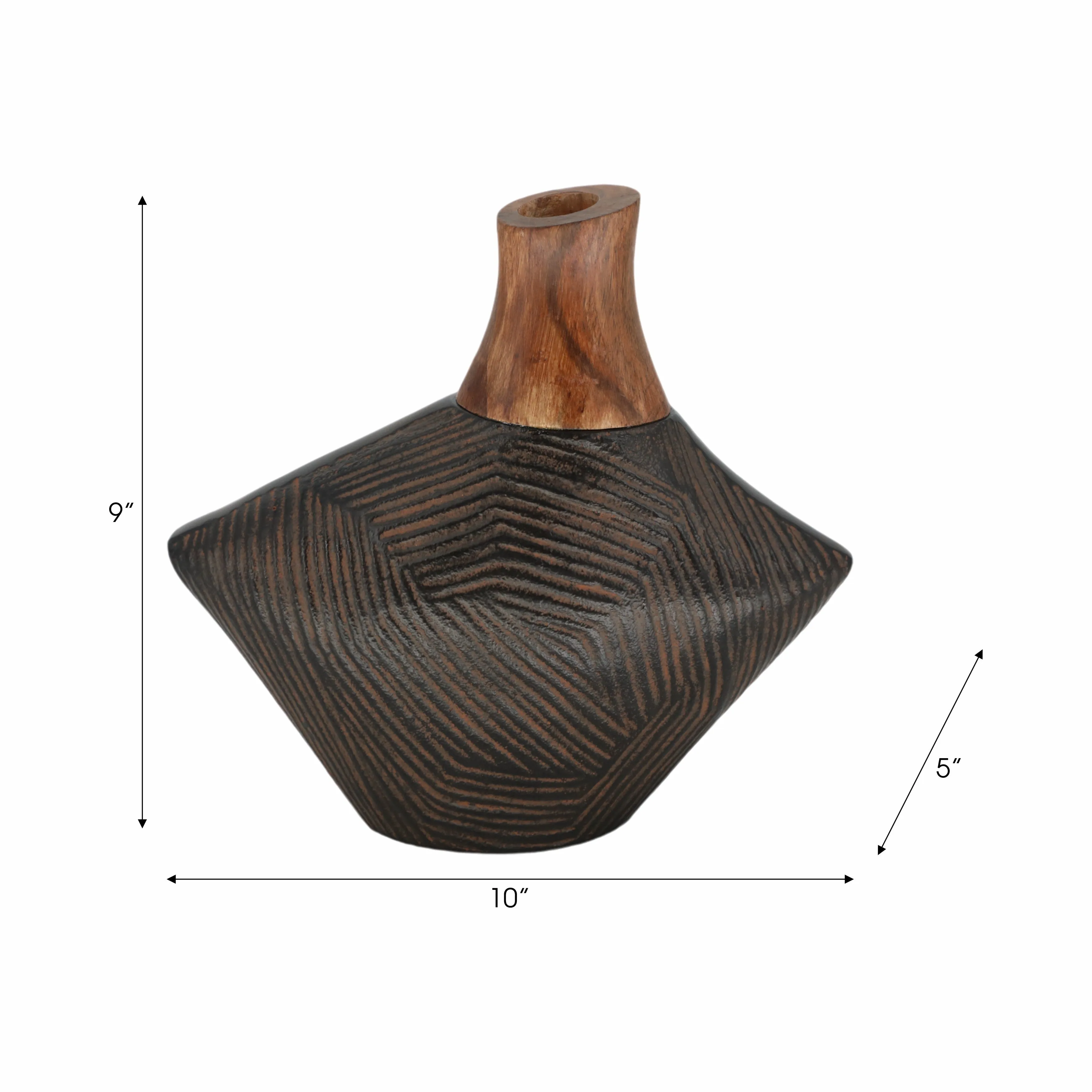 9" Kenai Small Wood And Metal Vase