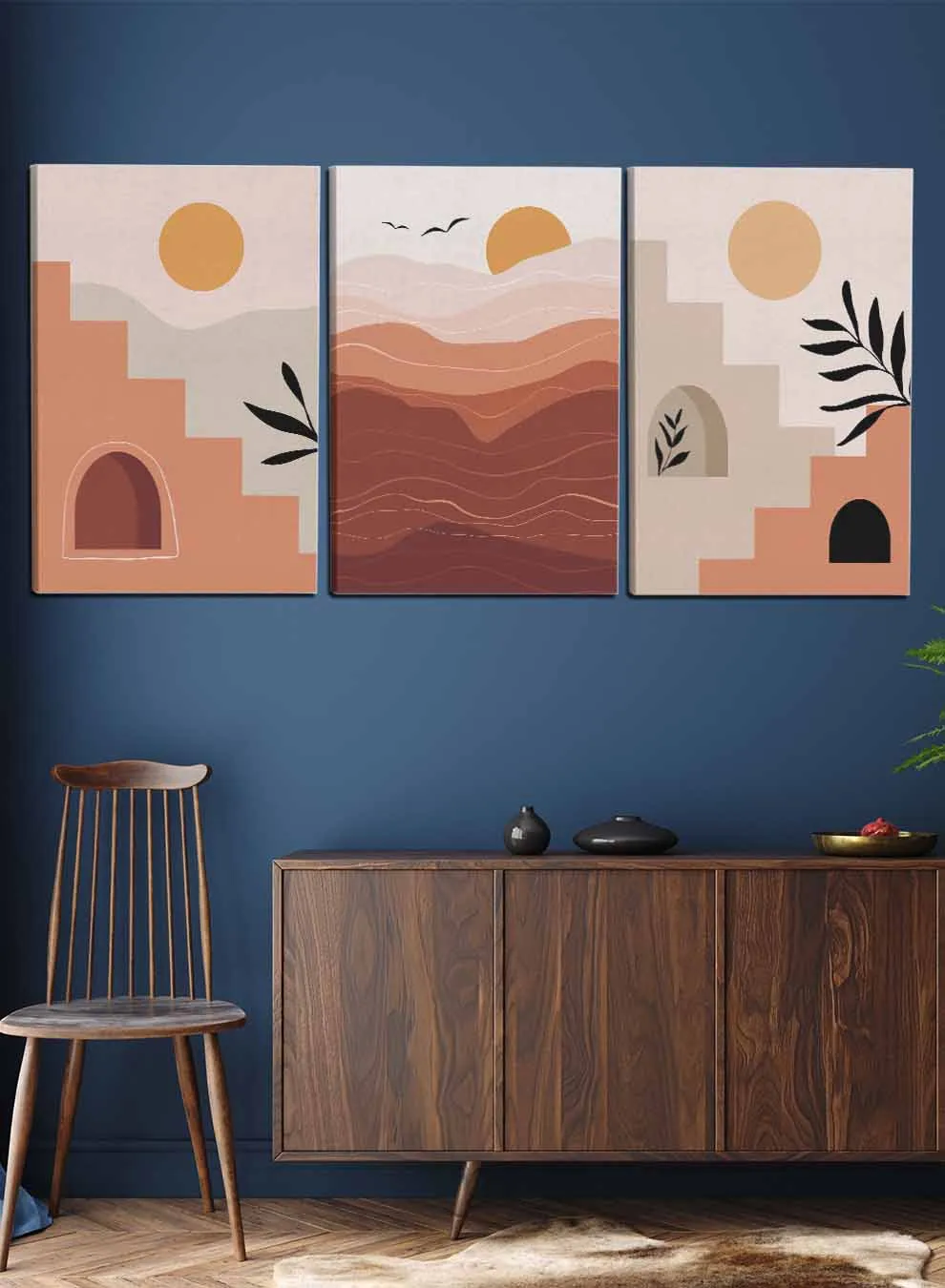 Abstract Stairs Sun Plants Paintings(set of 3)