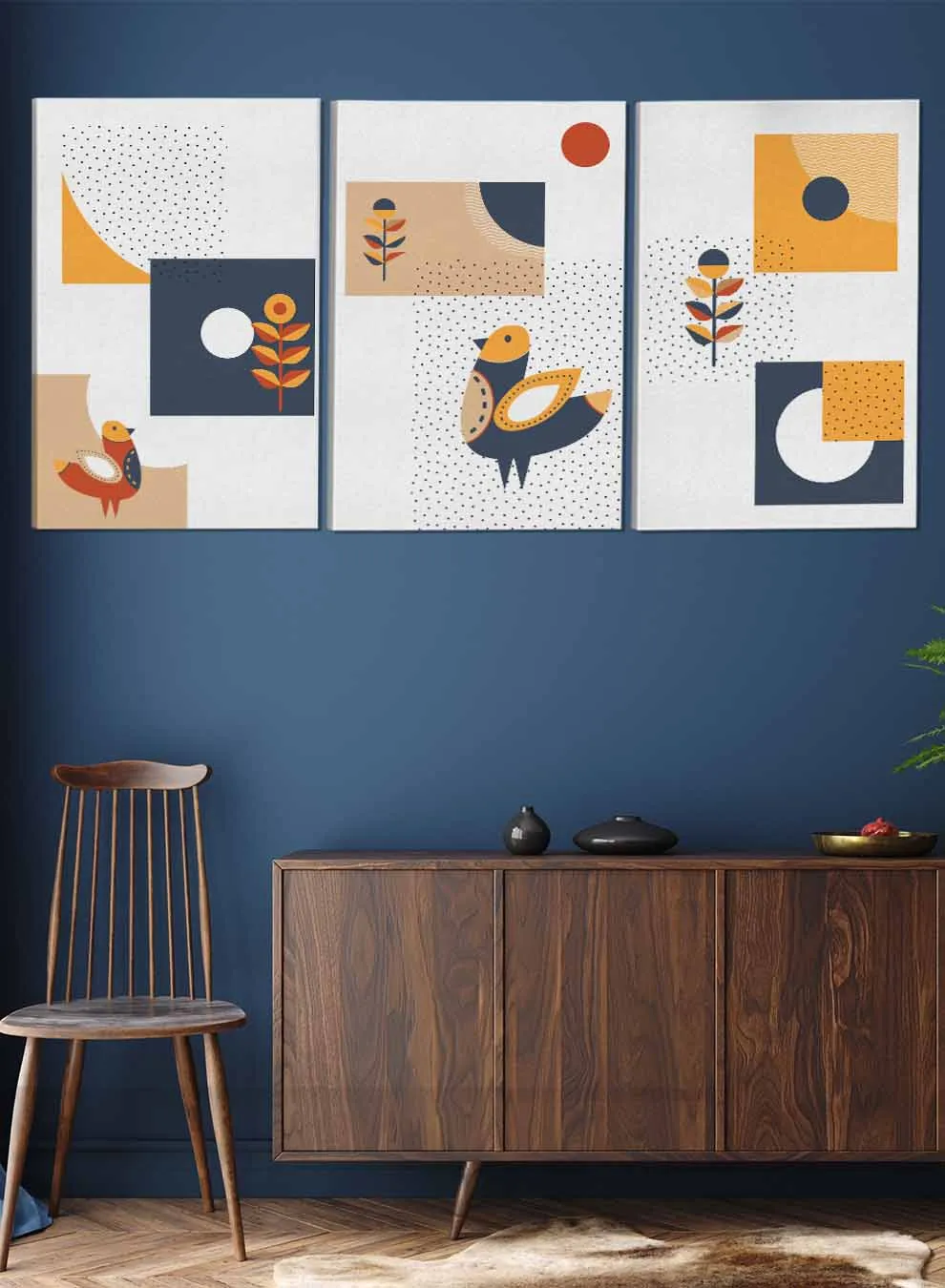 Birds Flowers Circles Paintings(set of 3)