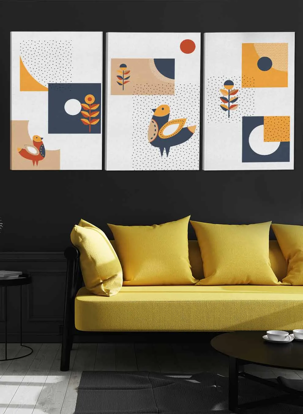Birds Flowers Circles Paintings(set of 3)
