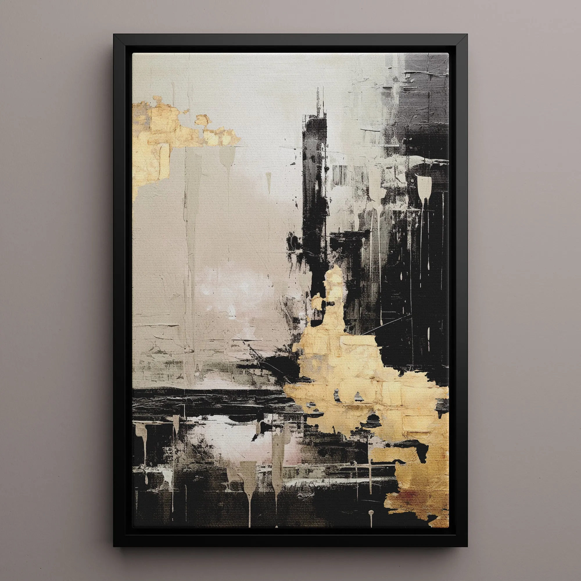Canvas Wall Art Stretched Over Wooden Frame with Floating Frame and Black And Gold Pattern Painting CV4115