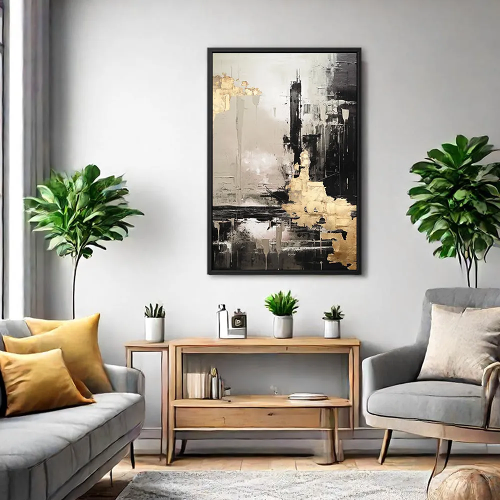 Canvas Wall Art Stretched Over Wooden Frame with Floating Frame and Black And Gold Pattern Painting CV4115