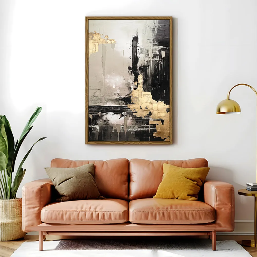 Canvas Wall Art Stretched Over Wooden Frame with Floating Frame and Black And Gold Pattern Painting CV4115