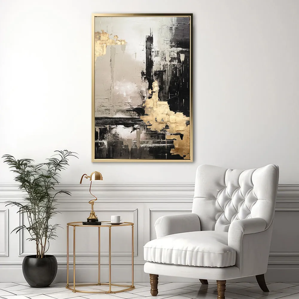 Canvas Wall Art Stretched Over Wooden Frame with Floating Frame and Black And Gold Pattern Painting CV4115