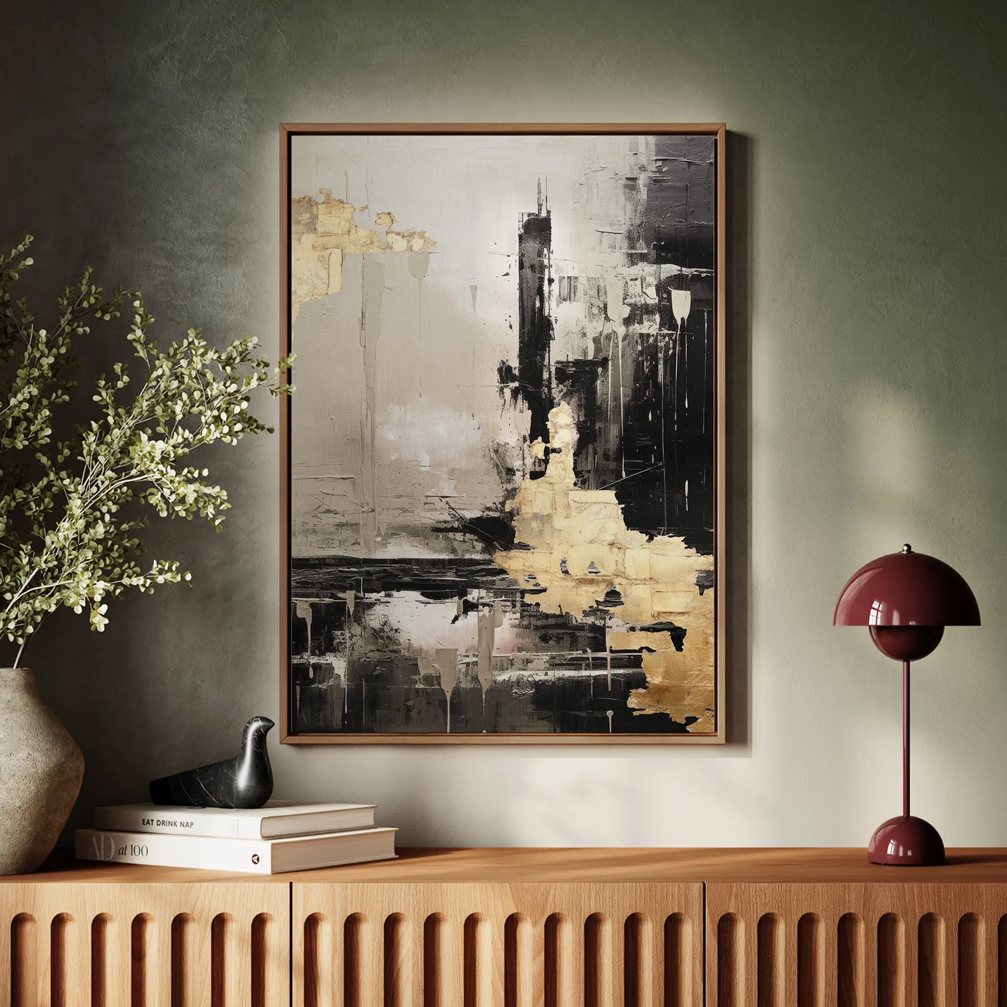 Canvas Wall Art Stretched Over Wooden Frame with Floating Frame and Black And Gold Pattern Painting CV4115