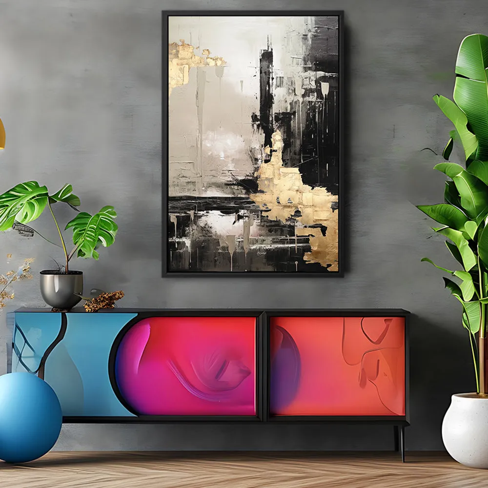 Canvas Wall Art Stretched Over Wooden Frame with Floating Frame and Black And Gold Pattern Painting CV4115