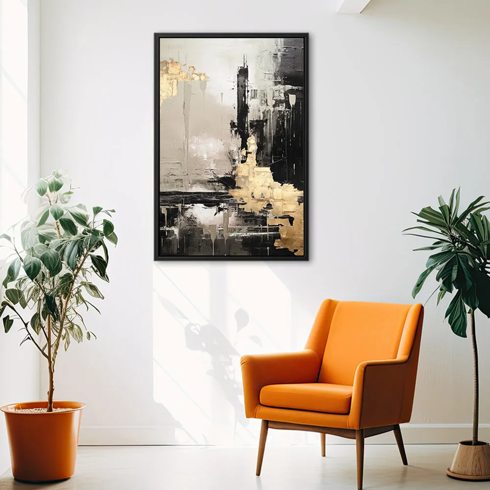 Canvas Wall Art Stretched Over Wooden Frame with Floating Frame and Black And Gold Pattern Painting CV4115