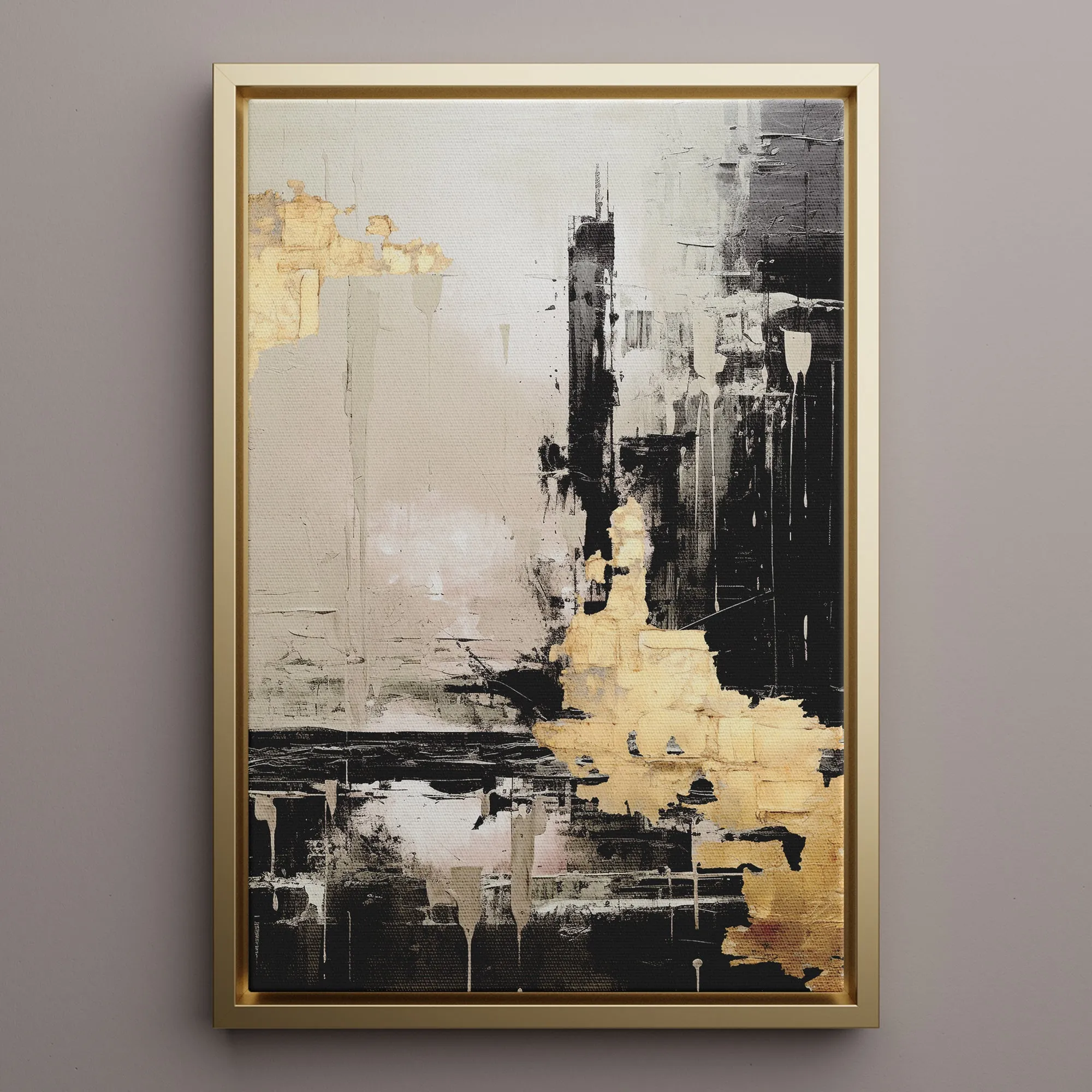 Canvas Wall Art Stretched Over Wooden Frame with Floating Frame and Black And Gold Pattern Painting CV4115