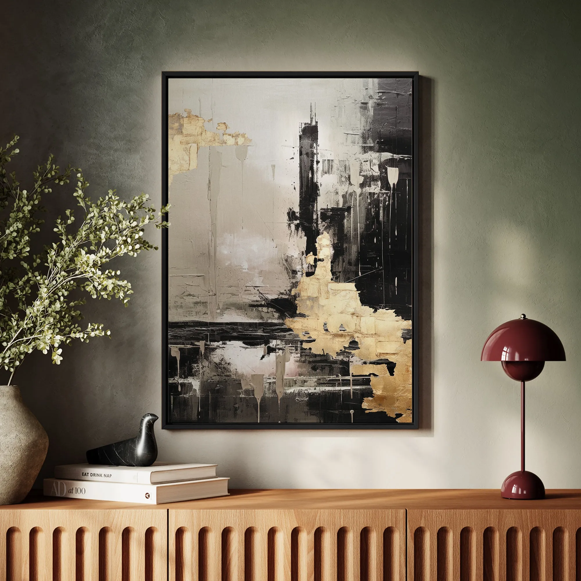 Canvas Wall Art Stretched Over Wooden Frame with Floating Frame and Black And Gold Pattern Painting CV4115