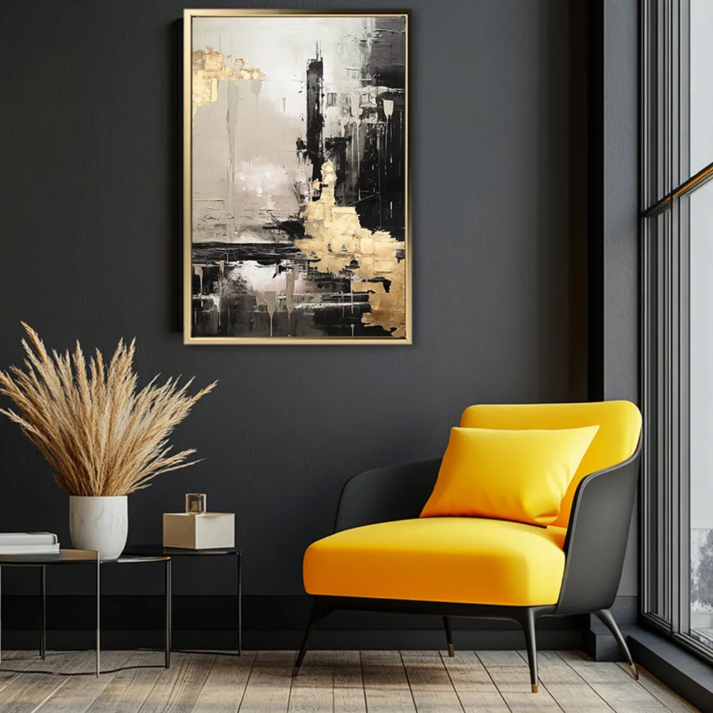 Canvas Wall Art Stretched Over Wooden Frame with Floating Frame and Black And Gold Pattern Painting CV4115