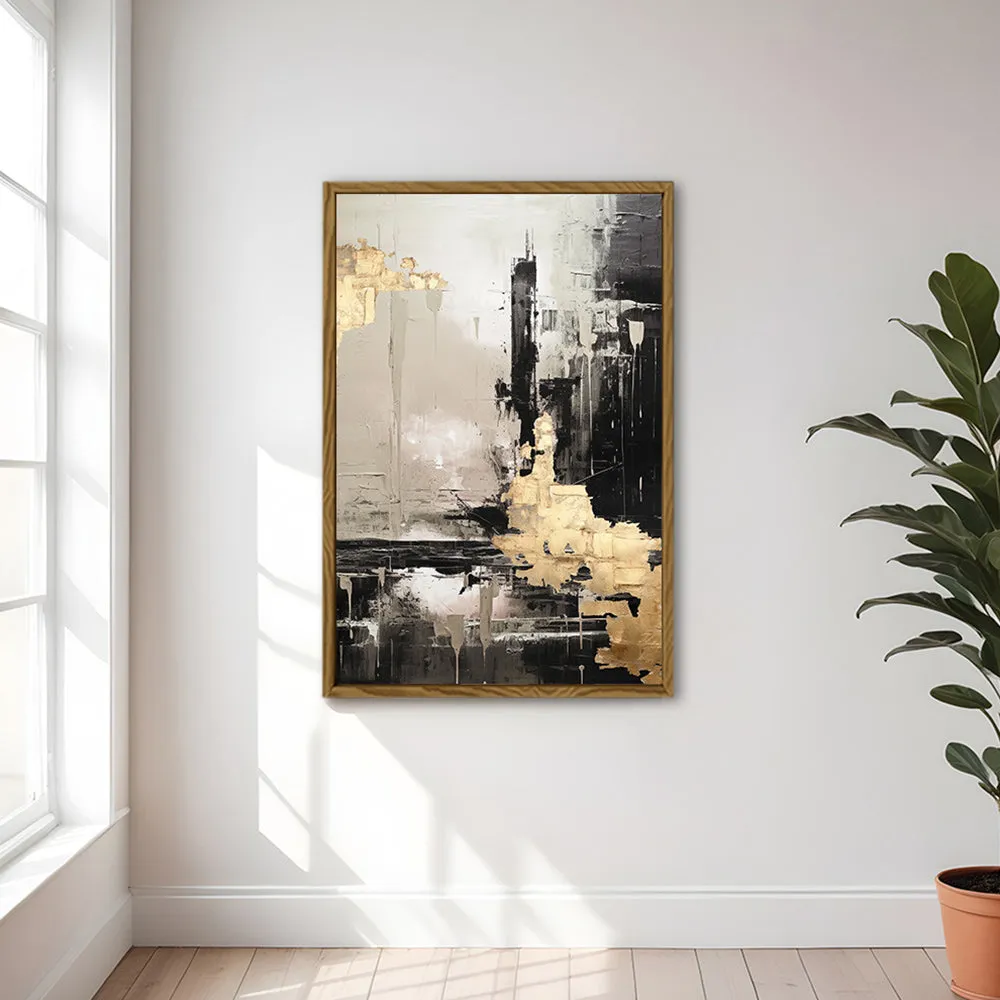 Canvas Wall Art Stretched Over Wooden Frame with Floating Frame and Black And Gold Pattern Painting CV4115