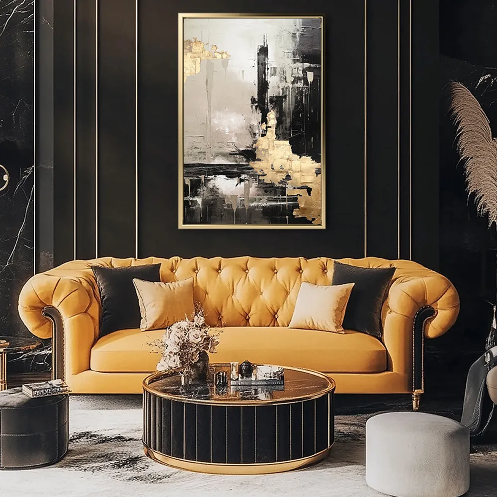 Canvas Wall Art Stretched Over Wooden Frame with Floating Frame and Black And Gold Pattern Painting CV4115