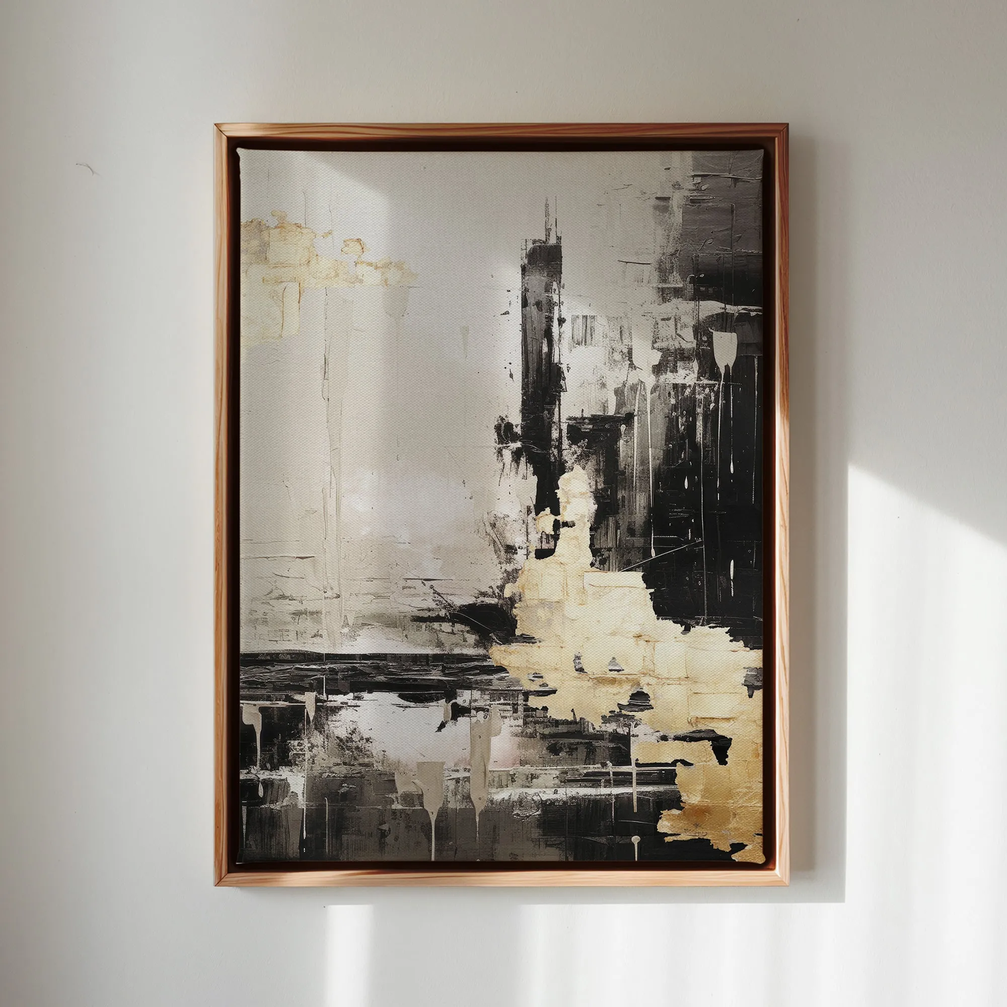 Canvas Wall Art Stretched Over Wooden Frame with Floating Frame and Black And Gold Pattern Painting CV4115