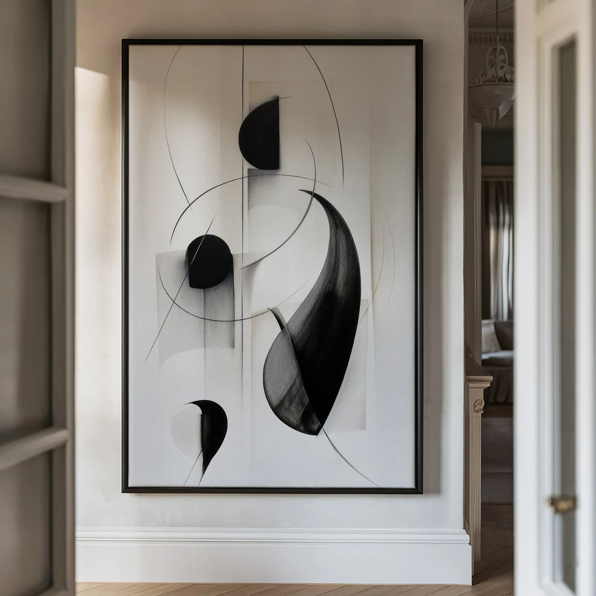 Canvas Wall Art Stretched Over Wooden Frame with Floating Frame and Black Circles Painting CV4118