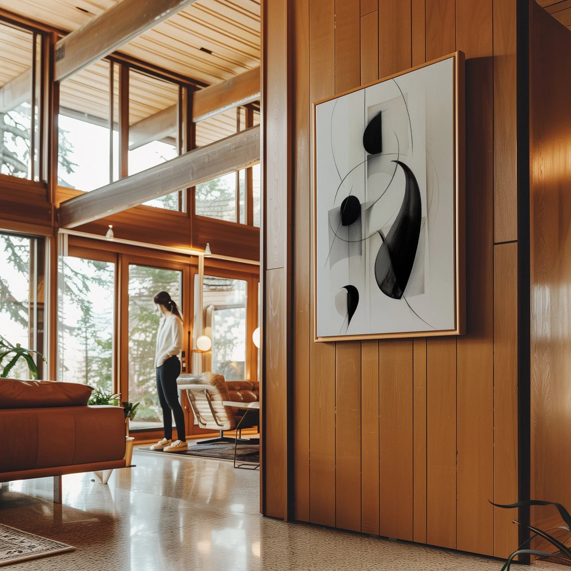 Canvas Wall Art Stretched Over Wooden Frame with Floating Frame and Black Circles Painting CV4118