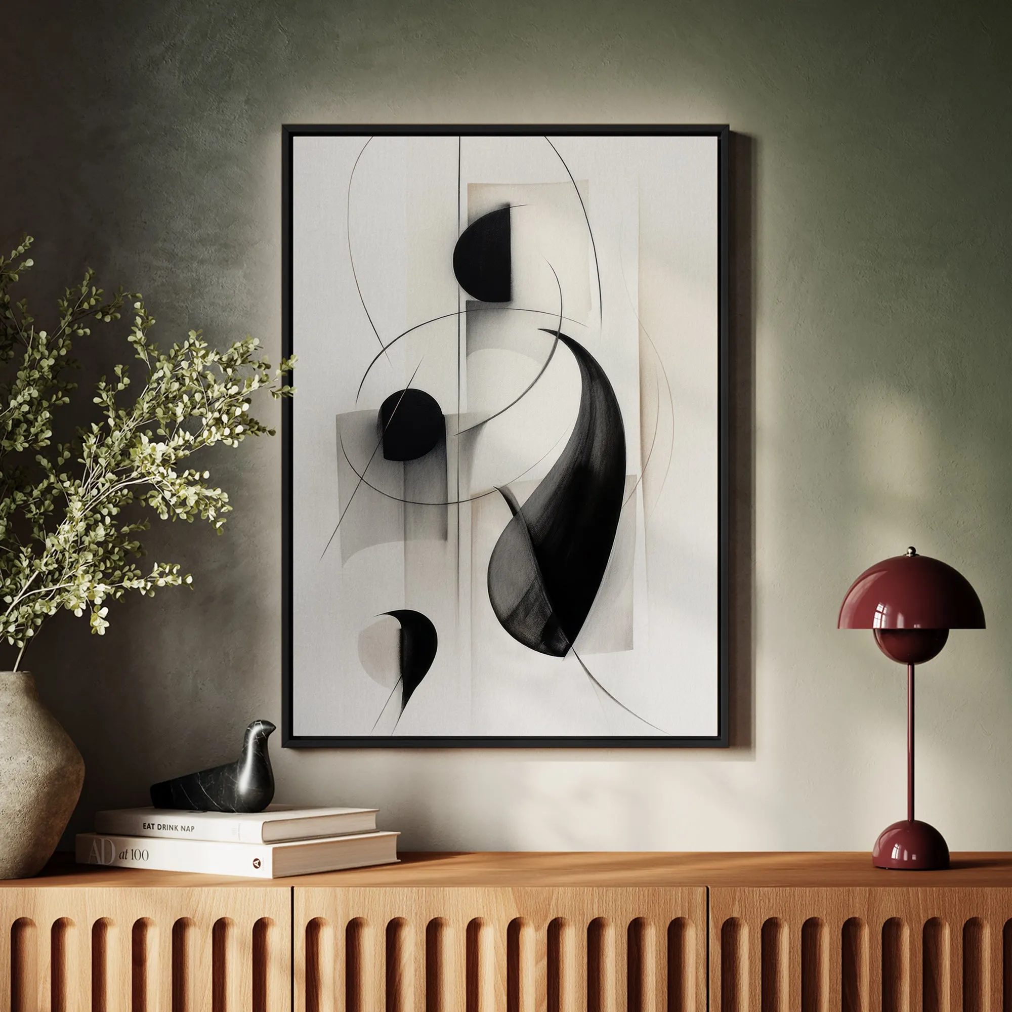 Canvas Wall Art Stretched Over Wooden Frame with Floating Frame and Black Circles Painting CV4118
