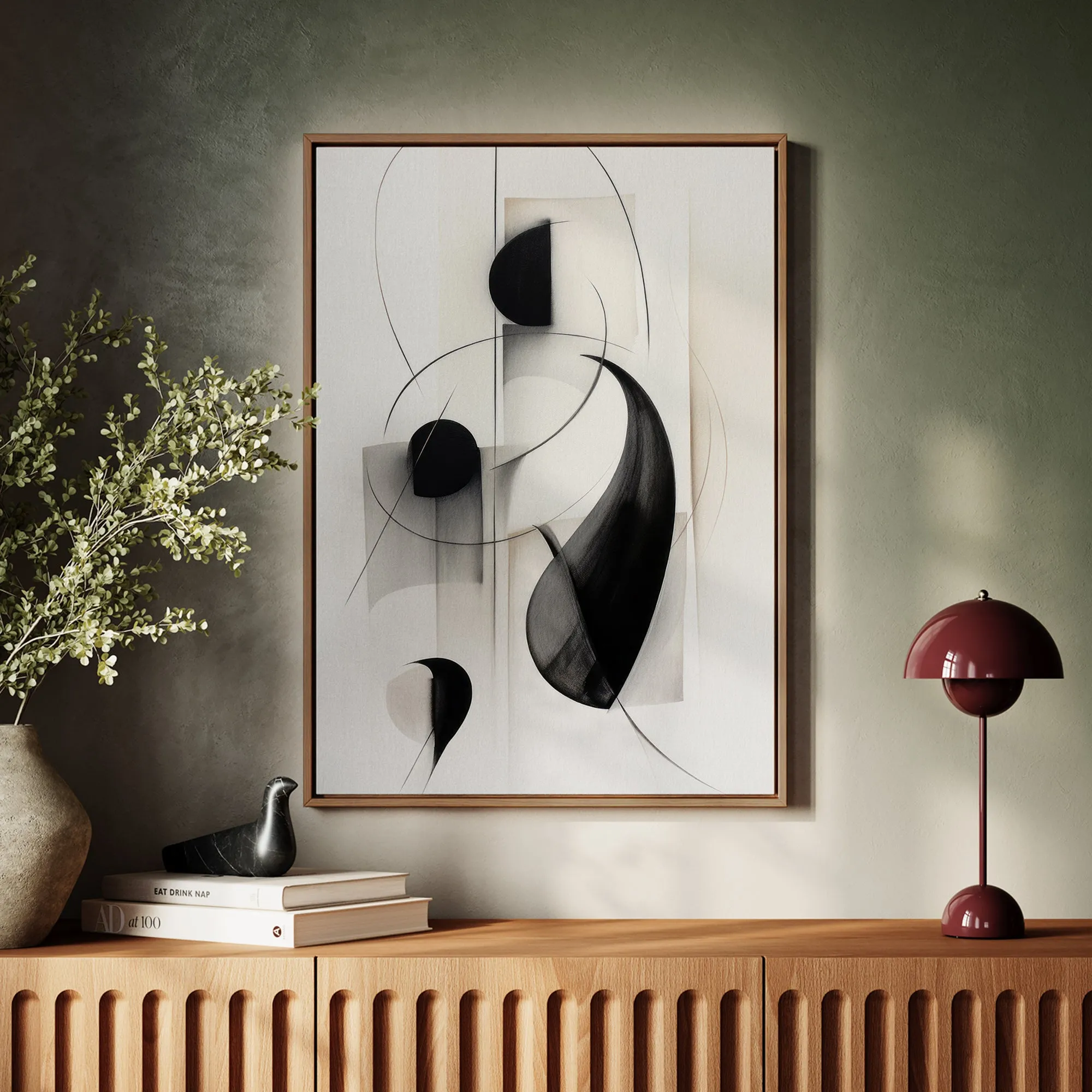 Canvas Wall Art Stretched Over Wooden Frame with Floating Frame and Black Circles Painting CV4118