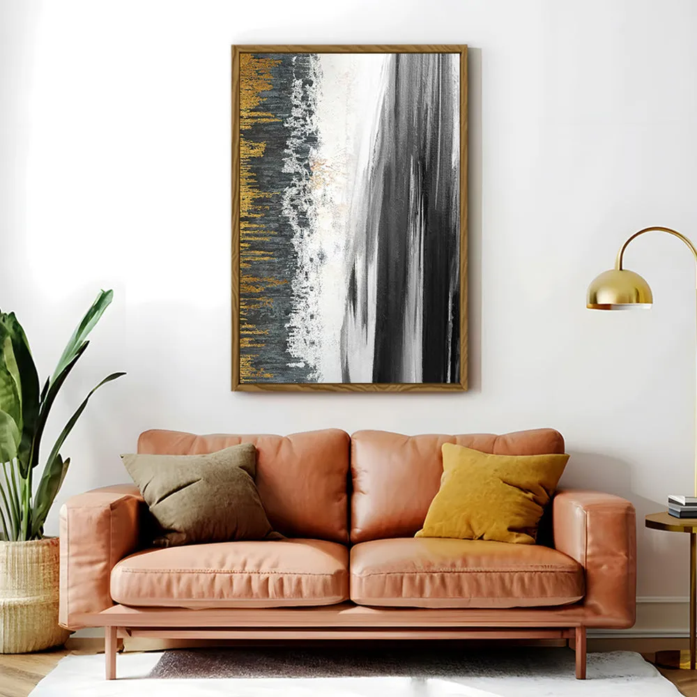 Canvas Wall Art Stretched Over Wooden Frame with Floating Frame and Black Lake Abstract Painting CV4120