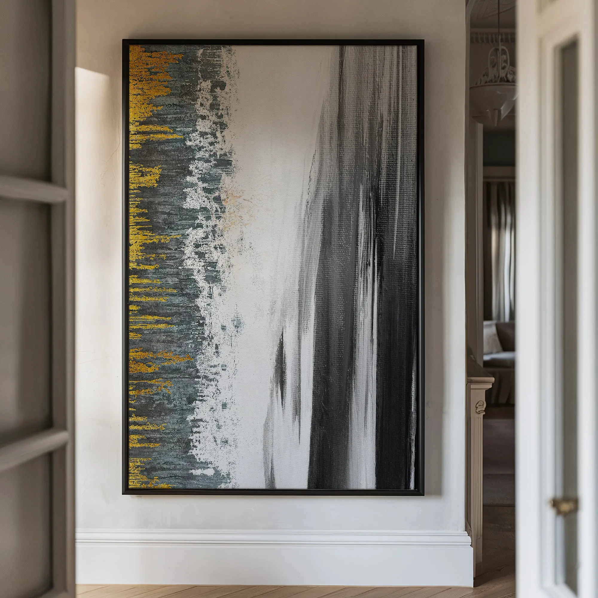 Canvas Wall Art Stretched Over Wooden Frame with Floating Frame and Black Lake Abstract Painting CV4120