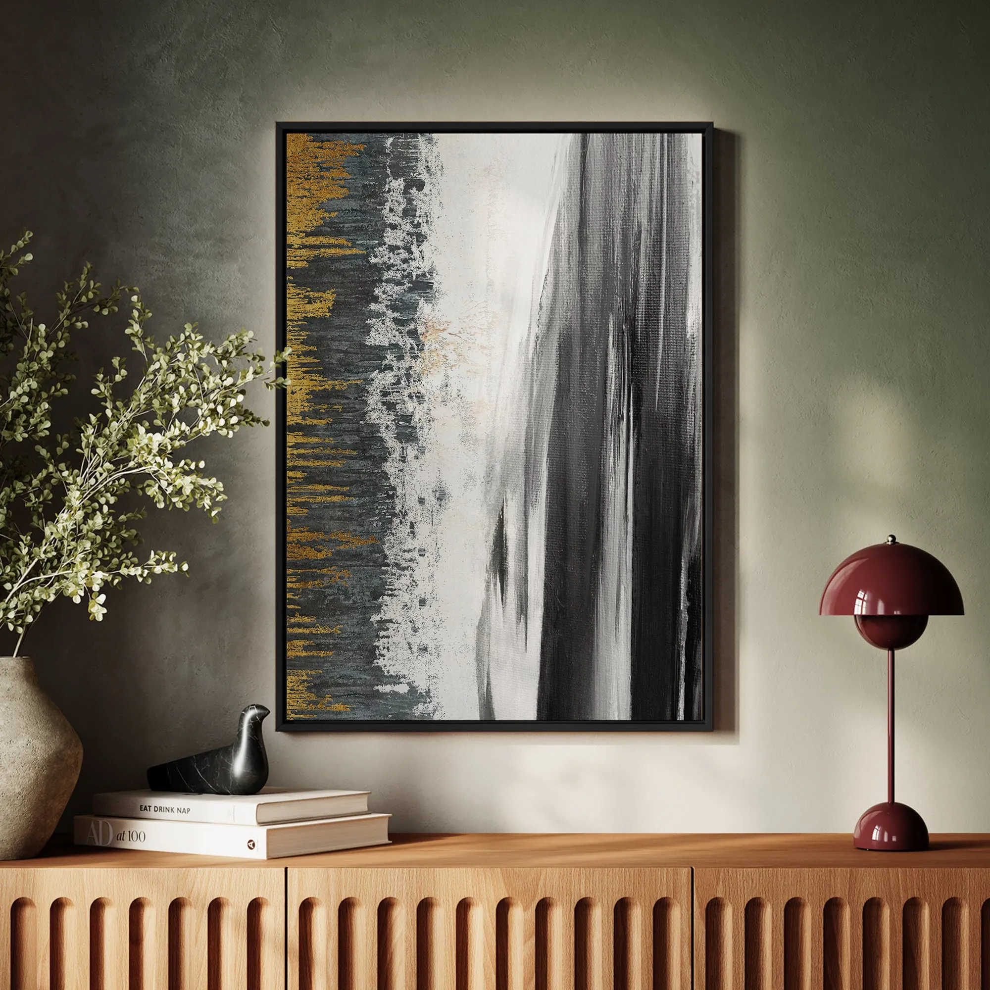 Canvas Wall Art Stretched Over Wooden Frame with Floating Frame and Black Lake Abstract Painting CV4120