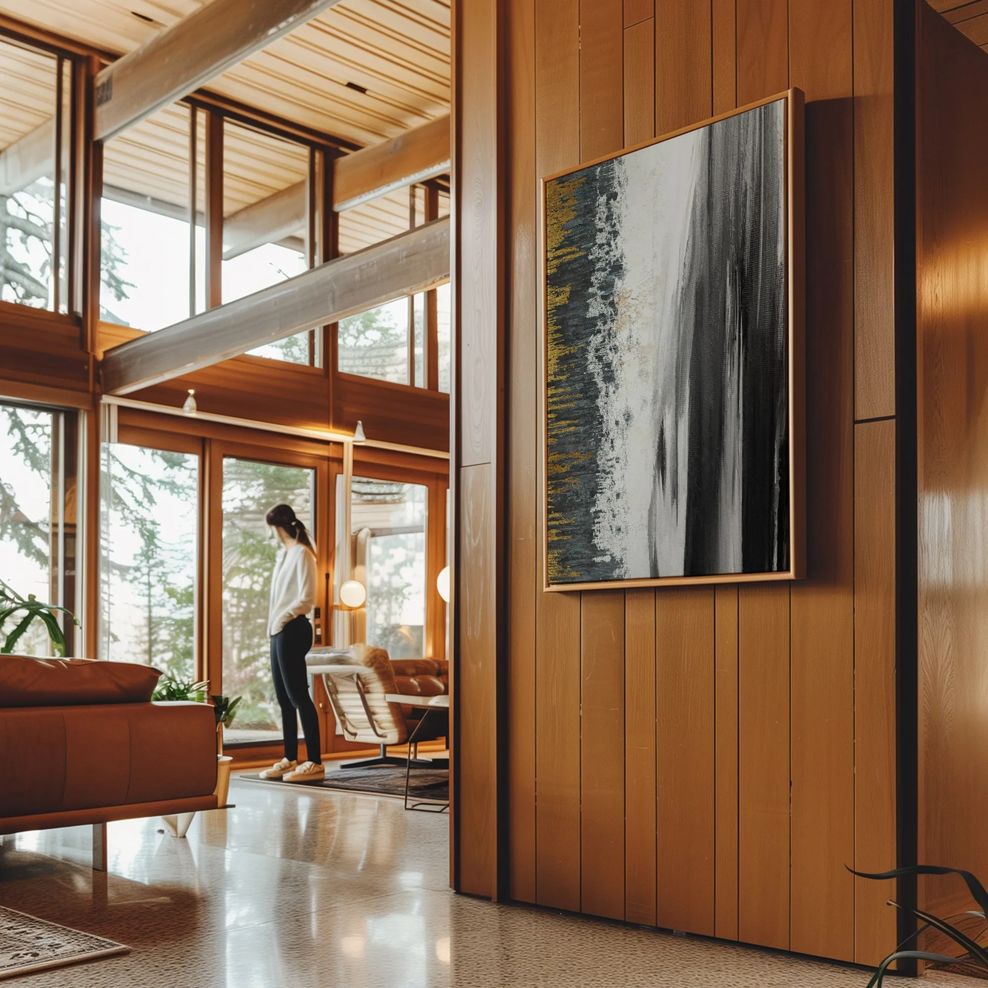 Canvas Wall Art Stretched Over Wooden Frame with Floating Frame and Black Lake Abstract Painting CV4120